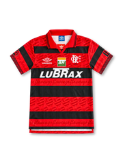 フラメンゴ 1995 ホームユニフォーム 赤と黒のフープ エンブレムの透かし柄 アンブロ製 LUBRAXスポンサー