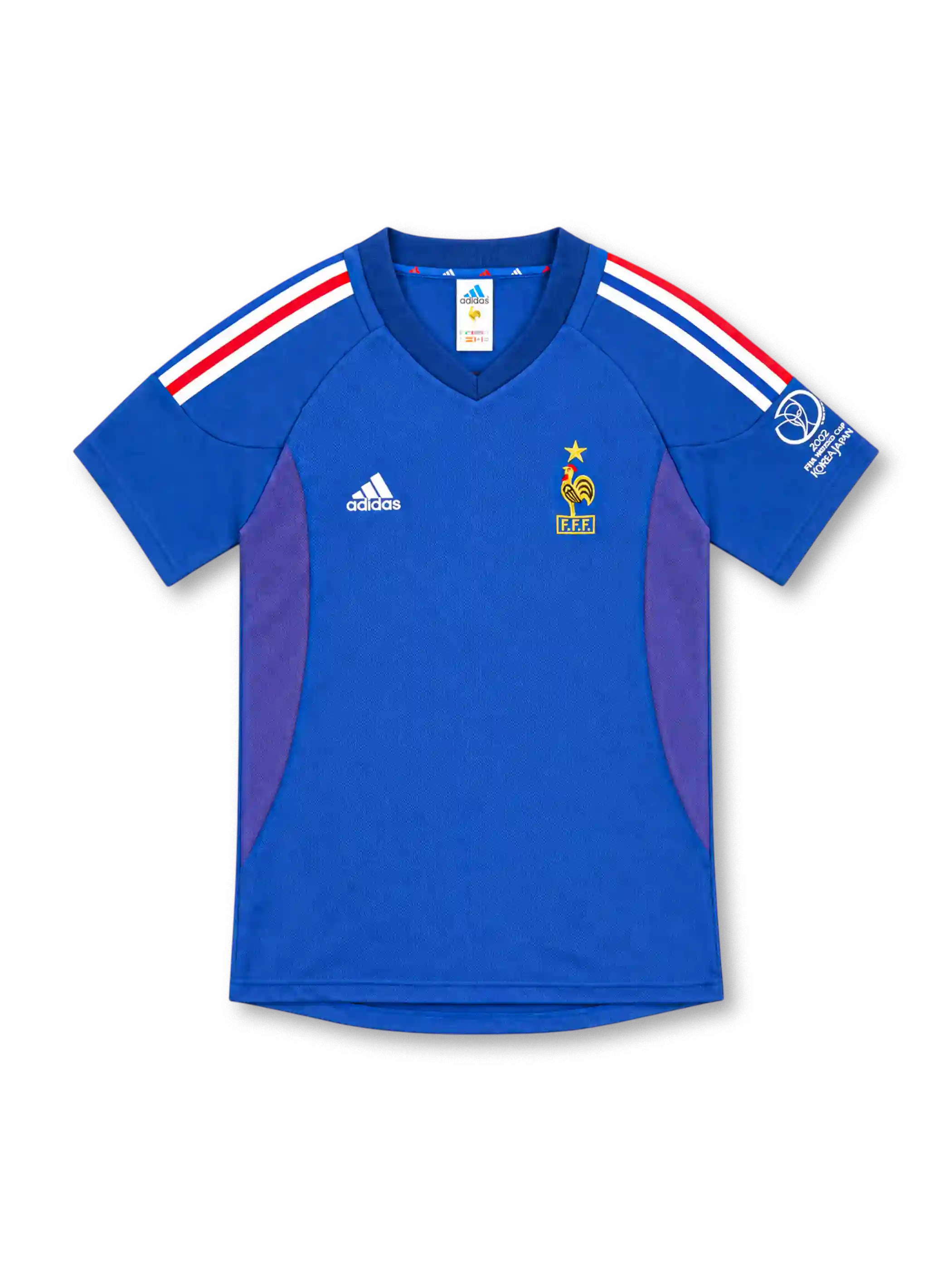 2002 フランス代表 ホーム adidas製 赤白青の肩ラインとW杯パッチが入った青いレトロサッカーユニフォーム