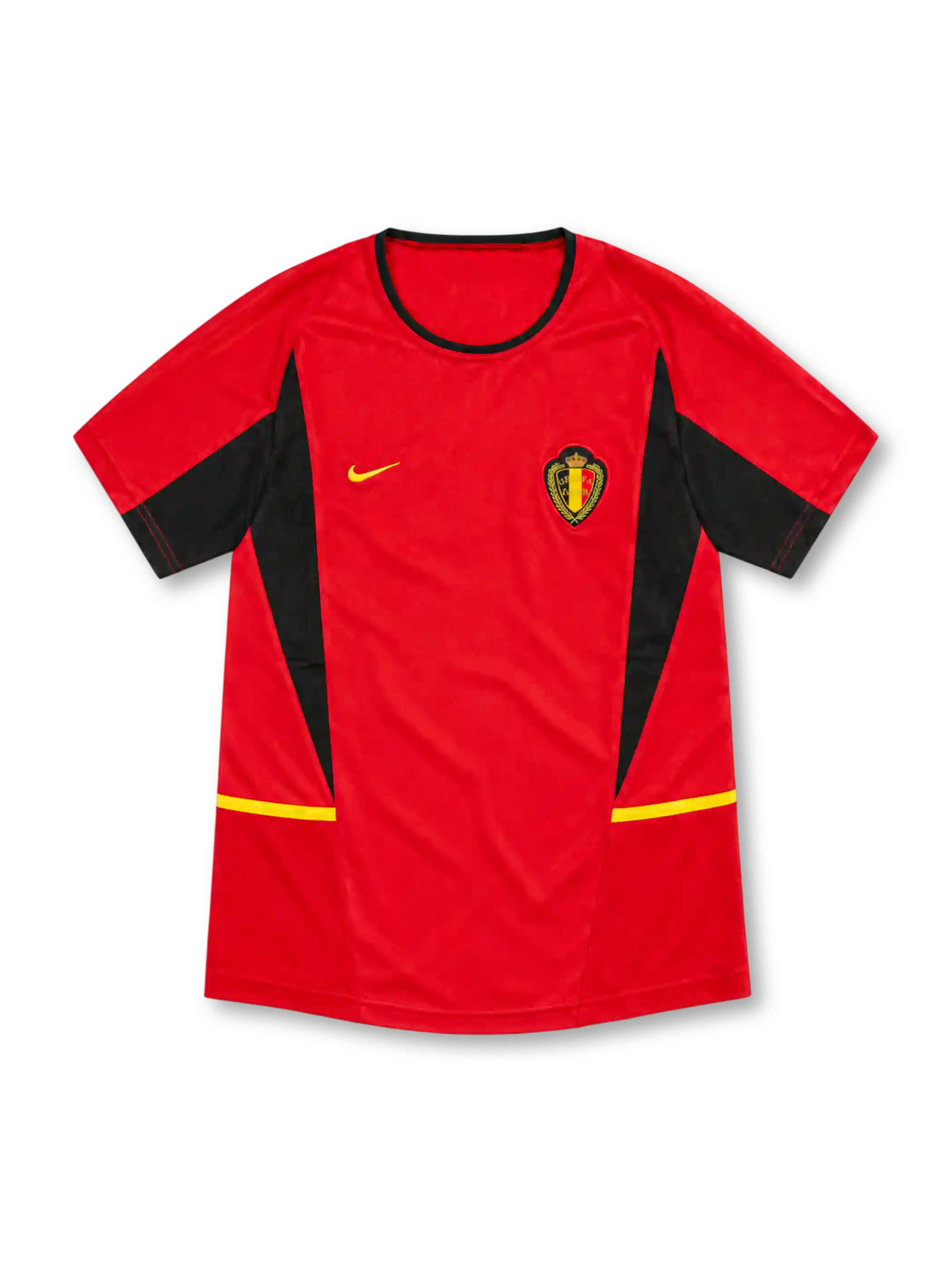 2002 ベルギー代表 ホーム Nike製 黒いサイドパネルと黄色のラインが入った赤いレトロサッカーユニフォーム