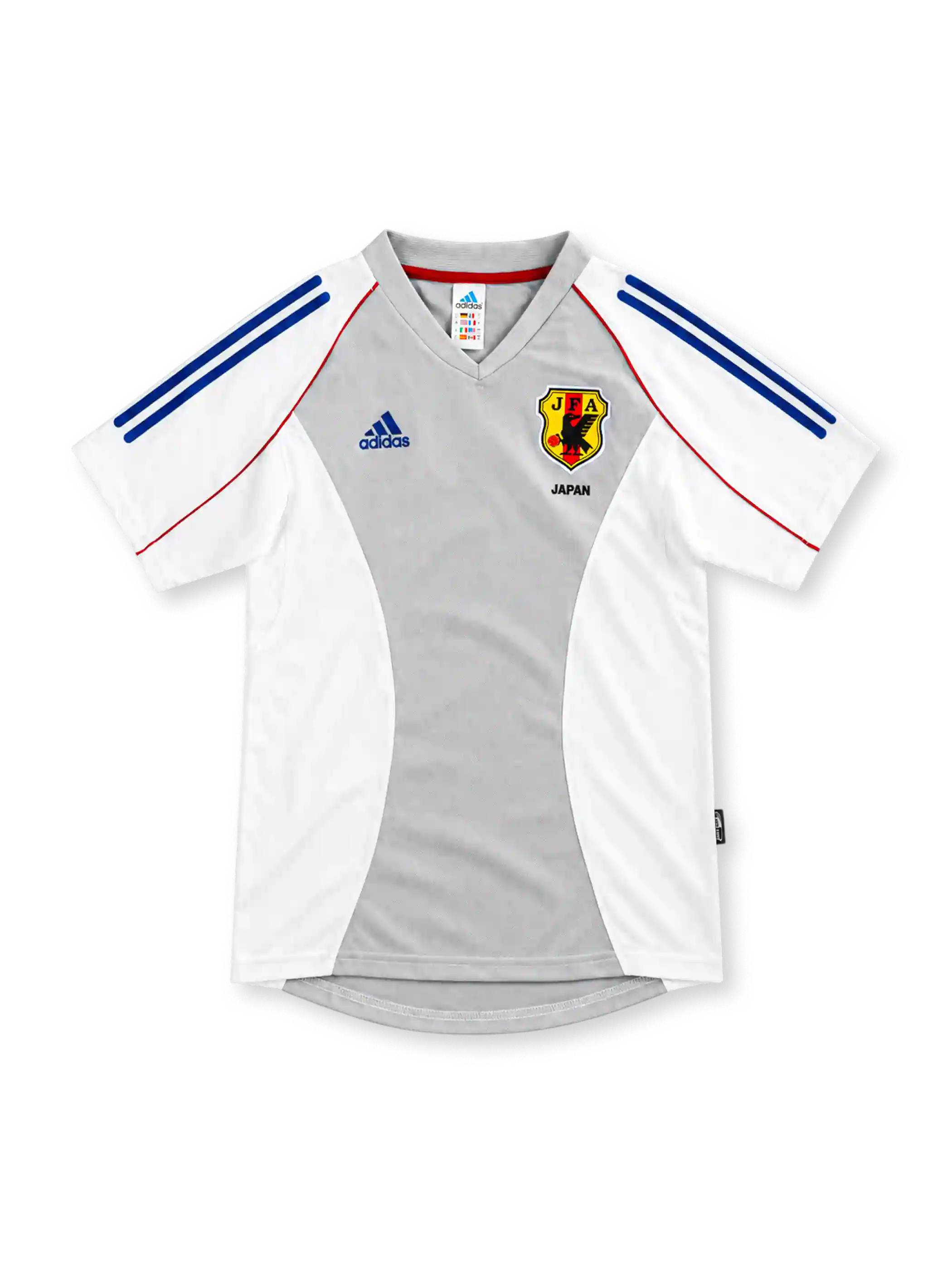 2002 日本代表 アウェイ adidas製 白とライトグレーの切り替えと青い肩ラインが入ったレトロサッカーユニフォーム