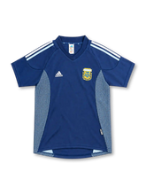2002 アルゼンチン代表 アウェイ adidas製 水色のドット状パネルと白と水色の肩ラインが入ったネイビーのレトロサッカーユニフォーム