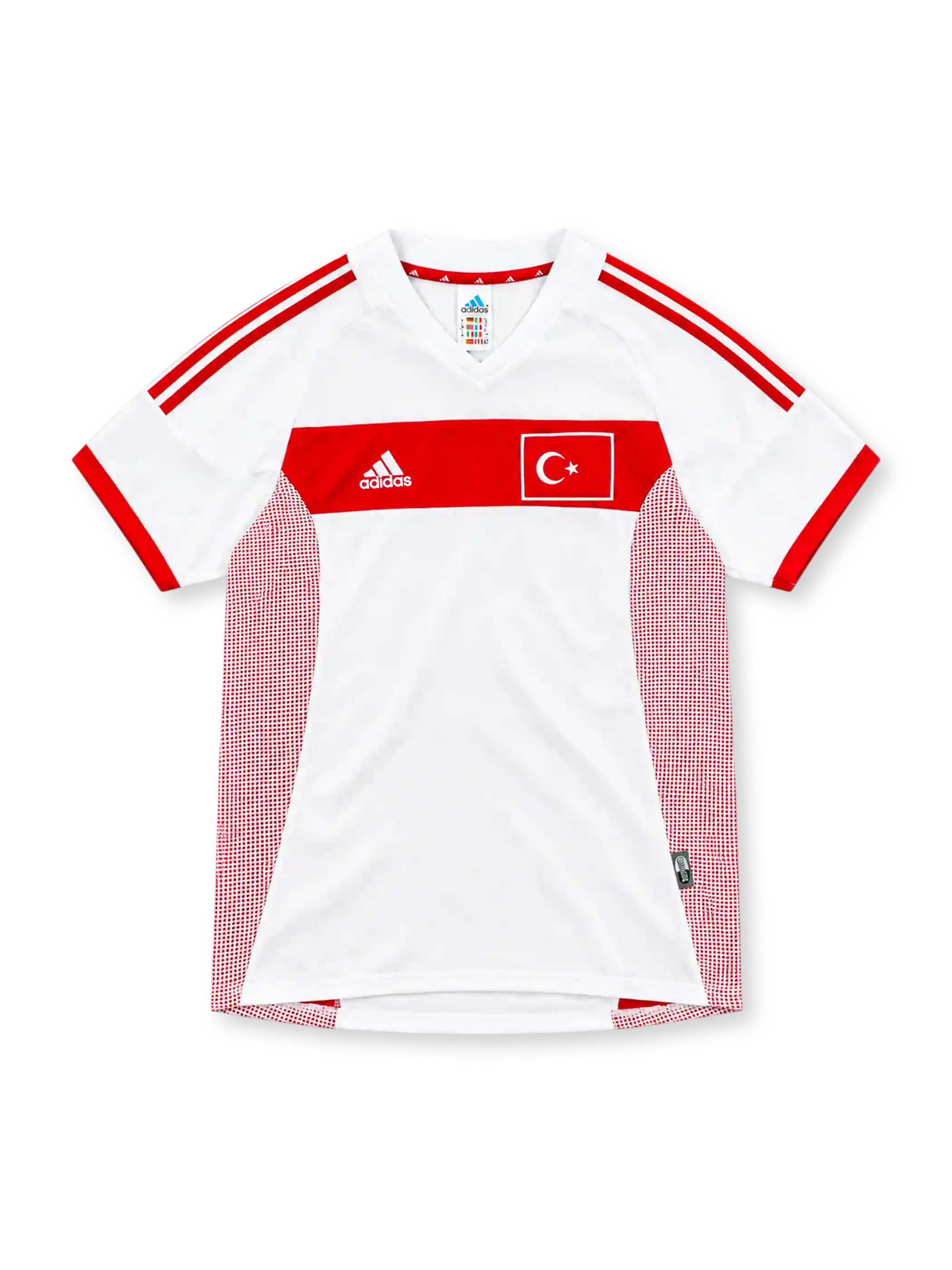 2002 トルコ代表 アウェイ adidas製 赤い胸の帯と月と星の国旗パッチが入った白いレトロサッカーユニフォーム