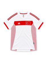 2002 トルコ代表 アウェイ adidas製 赤い胸の帯と月と星の国旗パッチが入った白いレトロサッカーユニフォーム