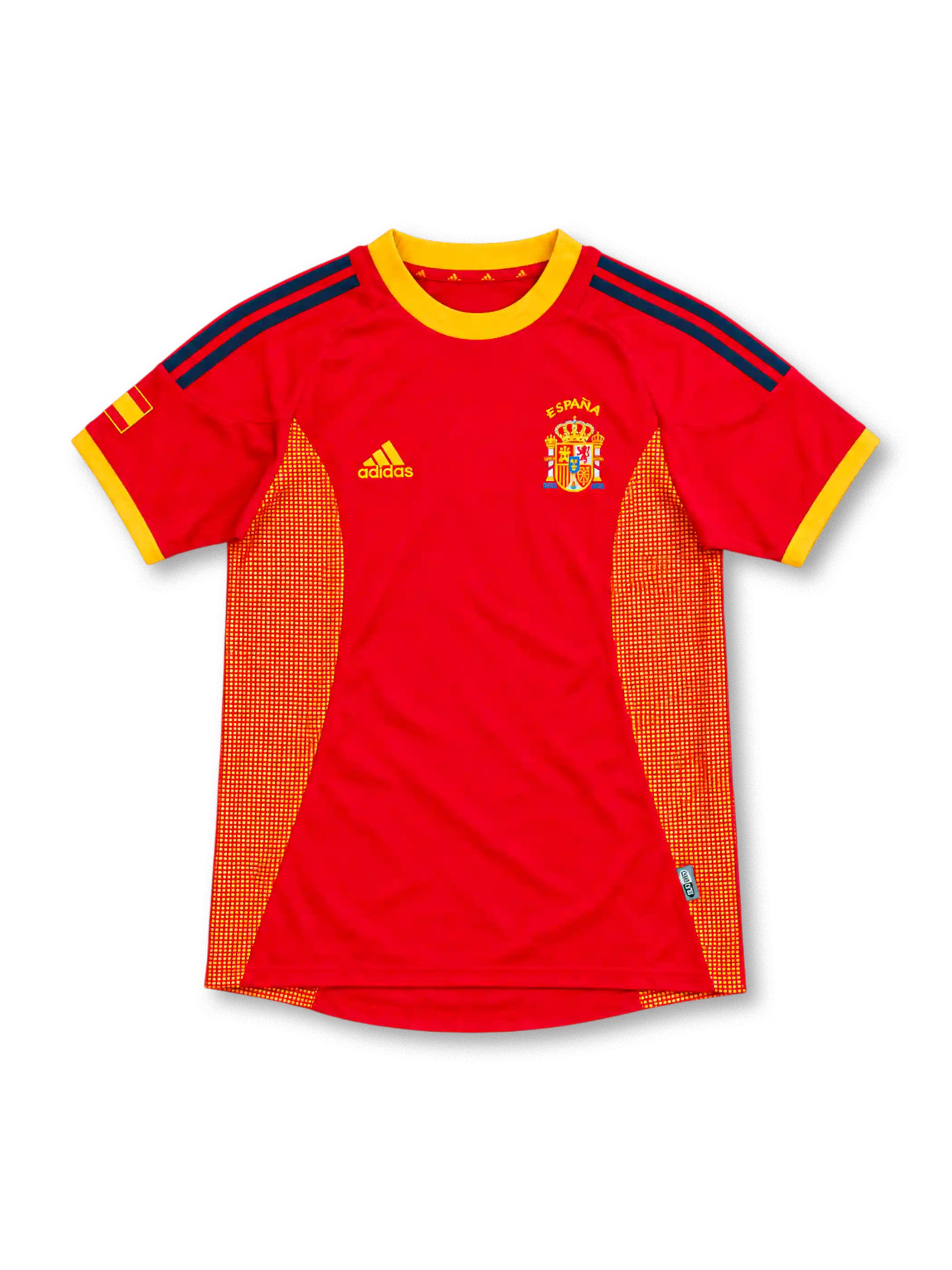 2002 スペイン代表 ホーム adidas製 黄色の丸首とドット状パネルが入った赤いレトロサッカーユニフォーム