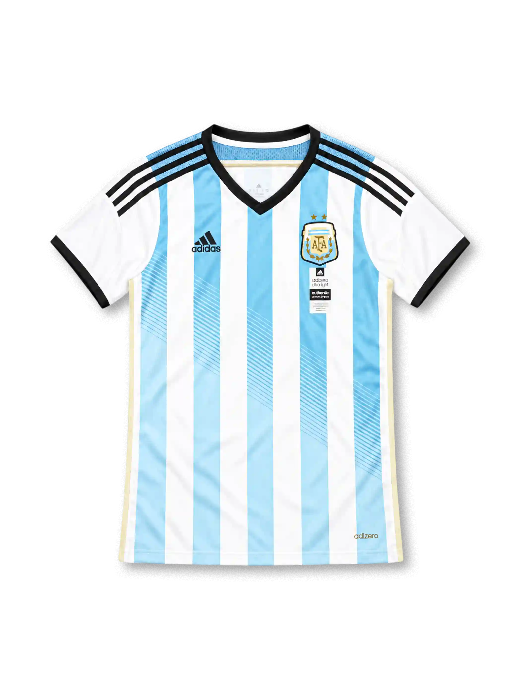 2014 アルゼンチン代表 ホーム adidas製 水色と白の縦縞と黒い襟が入ったレトロサッカーユニフォーム