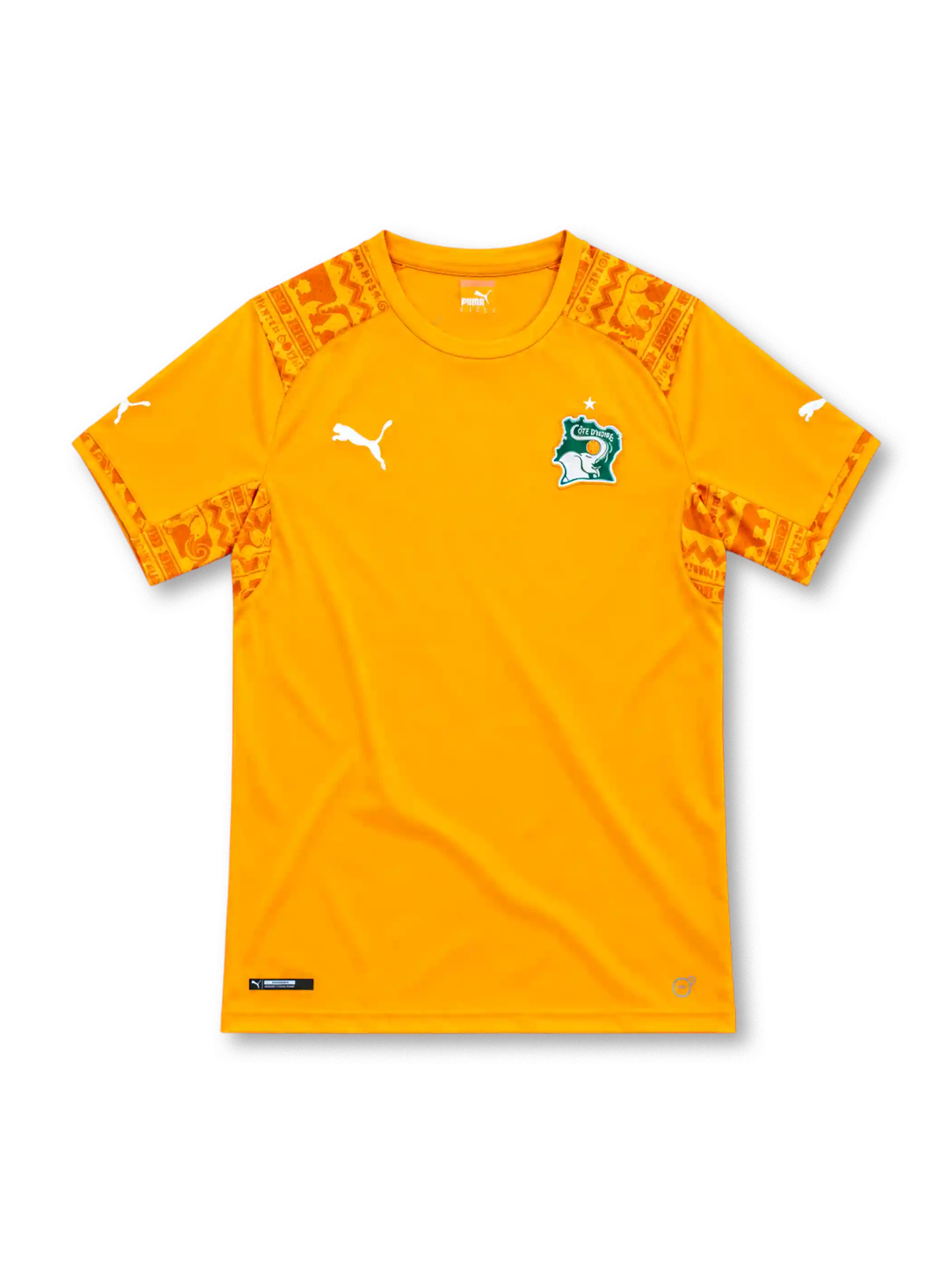 2014 コートジボワール代表 ホーム Puma製 肩と袖に紋様パネルが入ったオレンジのレトロサッカーユニフォーム