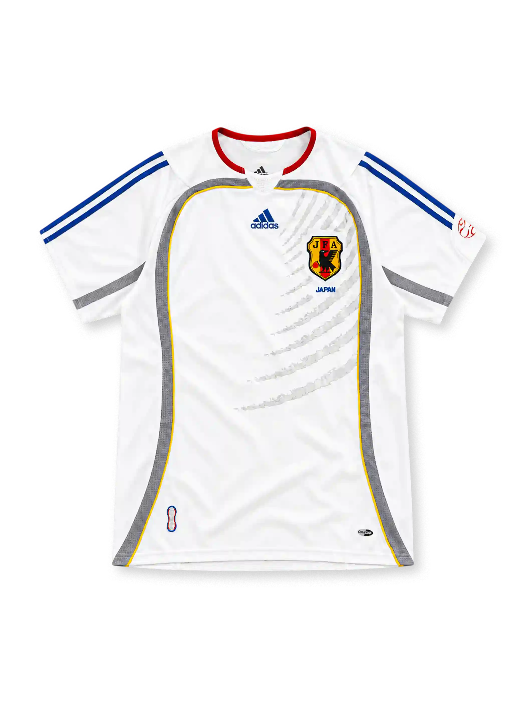 2006 日本代表 アウェイ adidas製 灰色の曲線パネルと赤い丸首が入った白いレトロサッカーユニフォーム