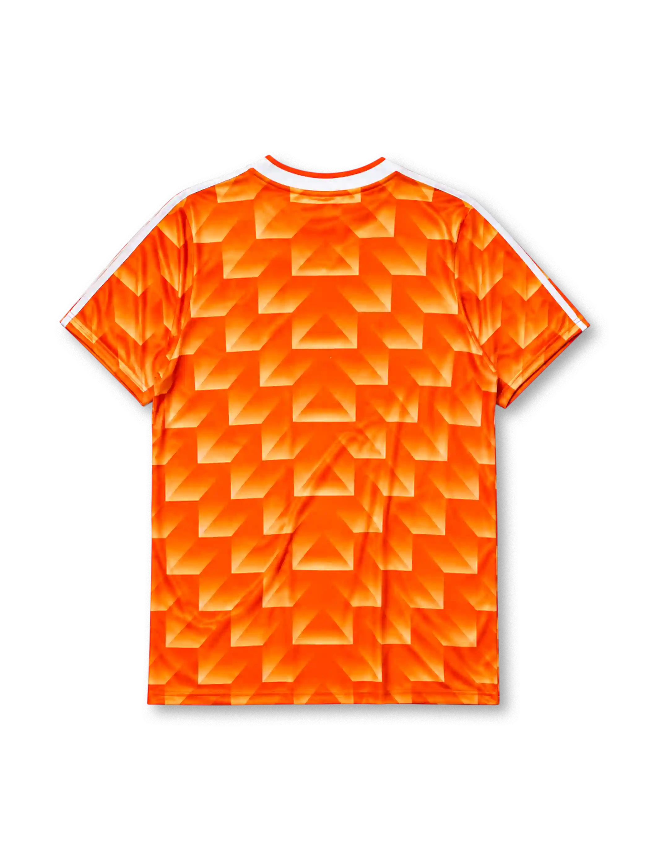 オレンジベースの生地に三角形の幾何学的グラデーション柄、ホワイト地のVネック襟、左胸のadidasロゴ、右胸のKNVBクラブエンブレムを備えたオランダ代表1988トレーニングシャツ正面