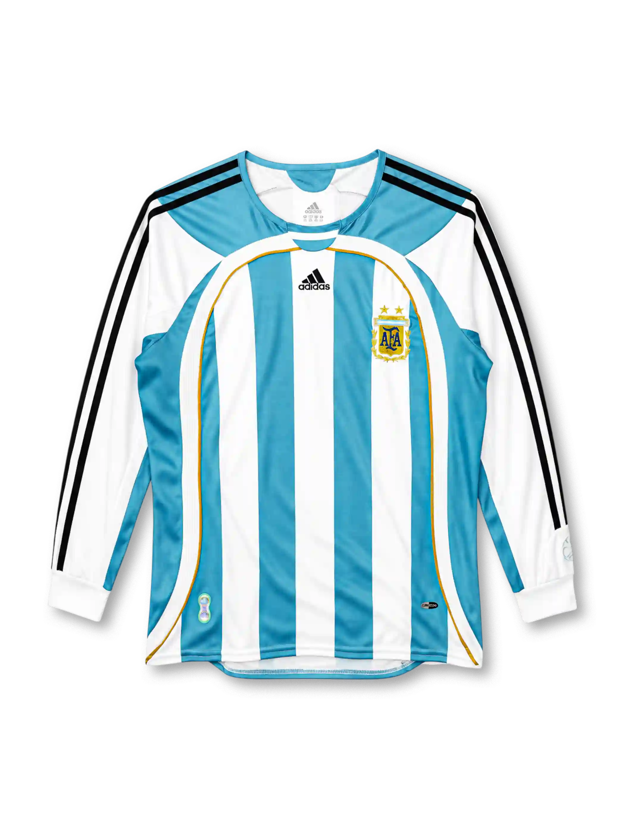 アルゼンチン代表 2006 ホーム長袖ユニフォーム 水色と白の縦縞 金色のパイピング 黒のスリーストライプ アディダス製 ドイツW杯モデル