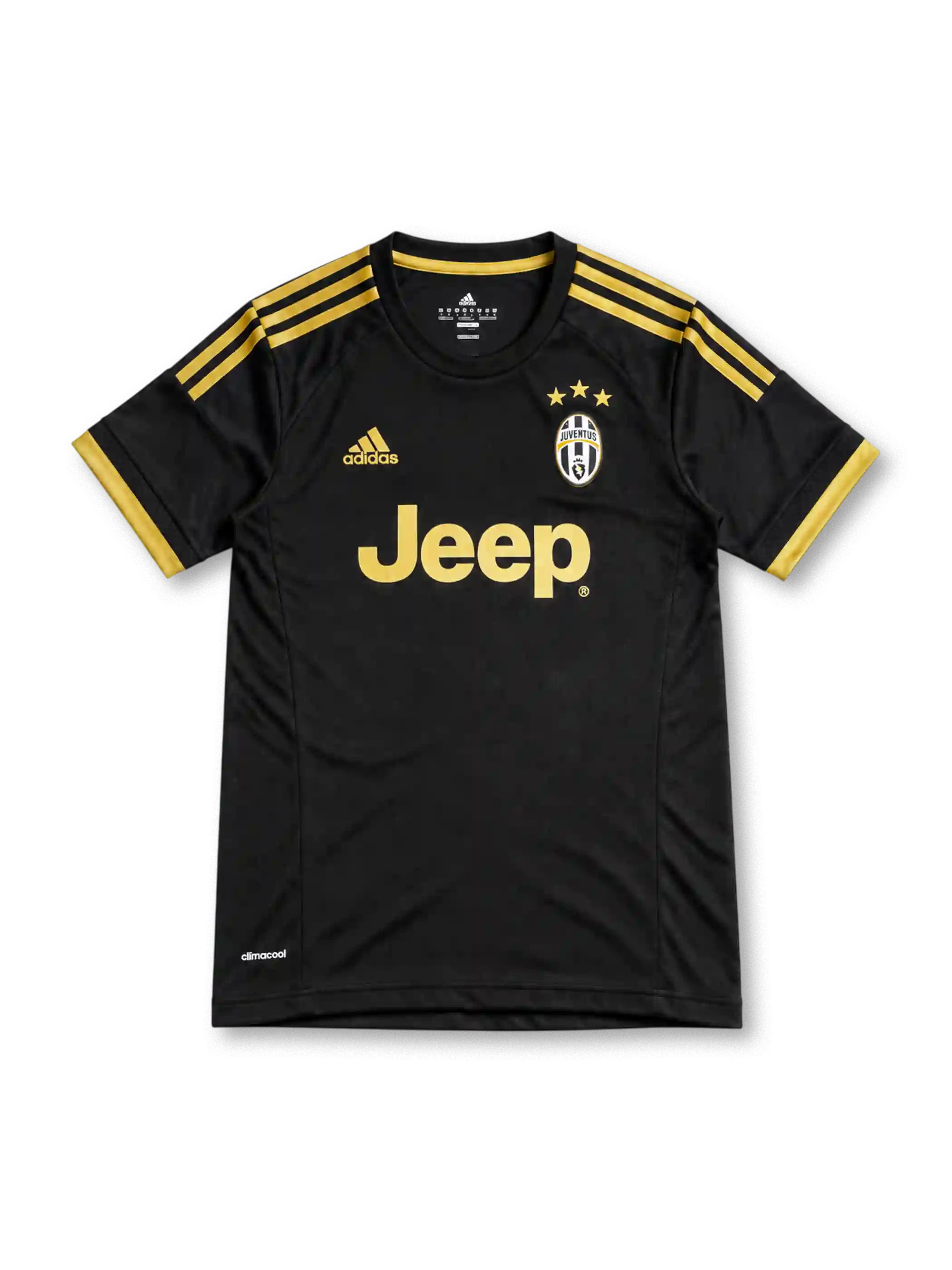 15/16 ユヴェントス サード adidas製 金色の3本ラインとJeepロゴが入った黒いレトロサッカーユニフォーム