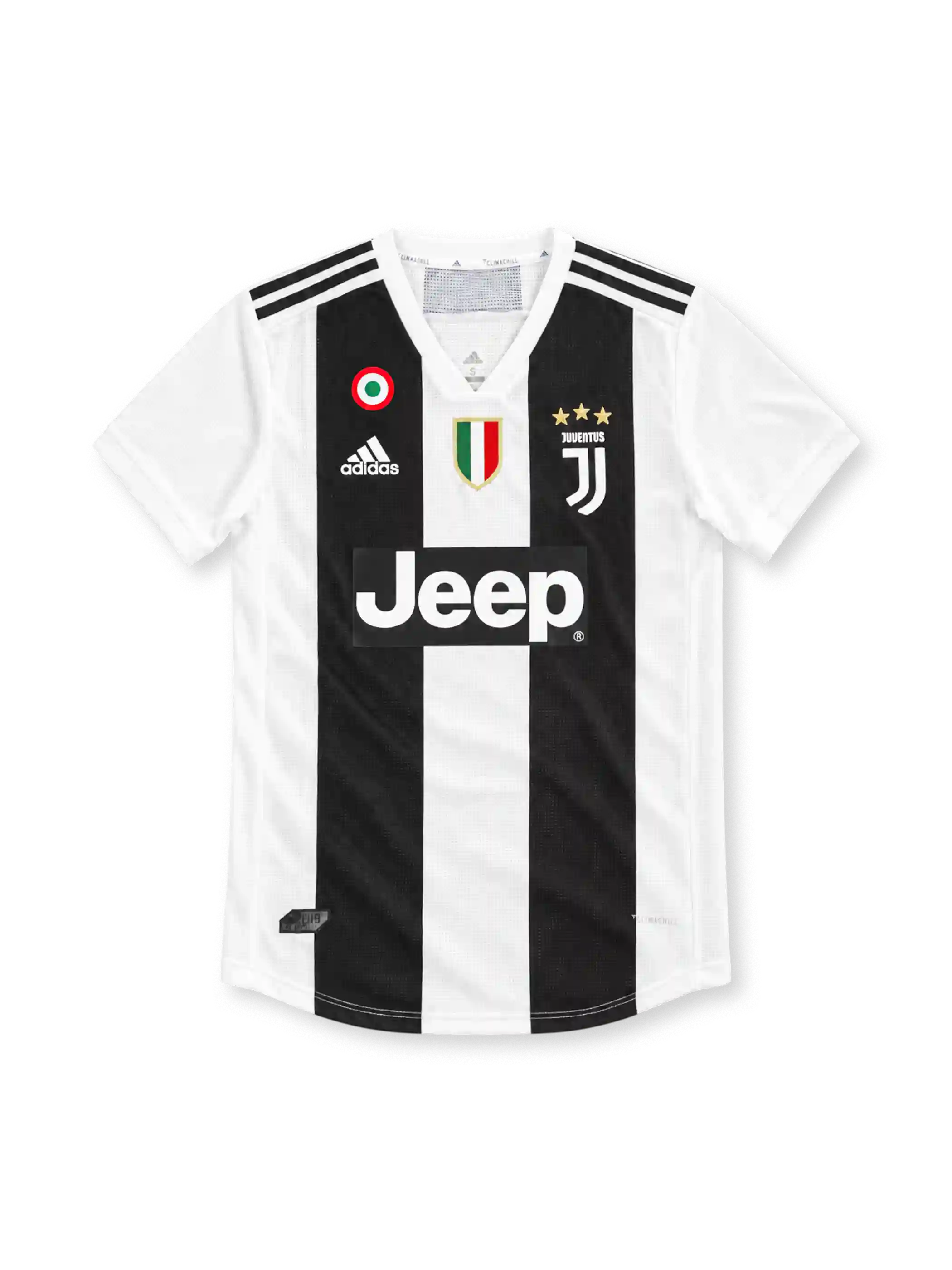 18/19 ユヴェントス ホーム adidas製 胸に2本の太い黒縞とJeepロゴが入った選手版のレトロサッカーユニフォーム