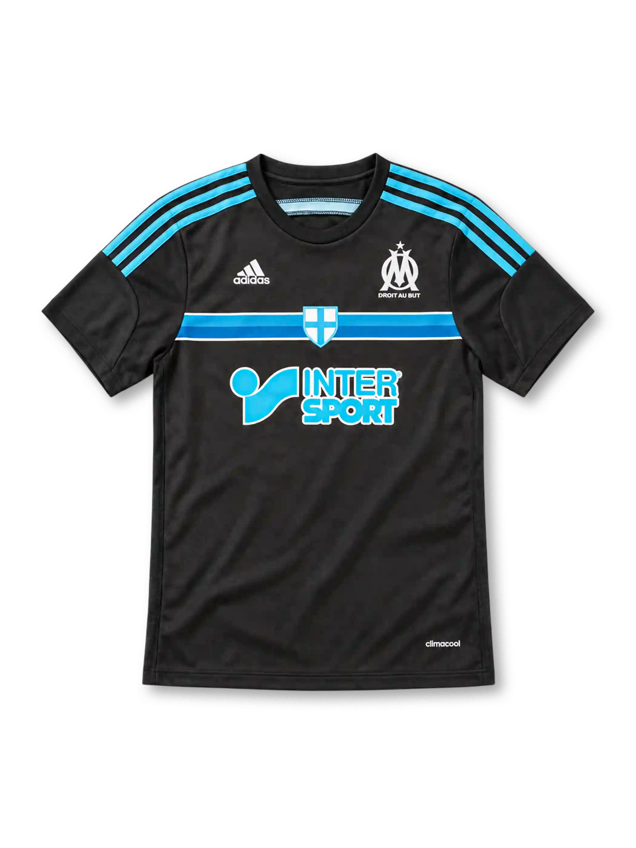 オリンピック・マルセイユ 2014/15 サードユニフォーム。ブラックのボディにライトブルーのadidasスリーストライプ、ブルーの胸ライン、十字紋章、クラブエンブレム、INTERSPORTスポンサーを配したデザイン。