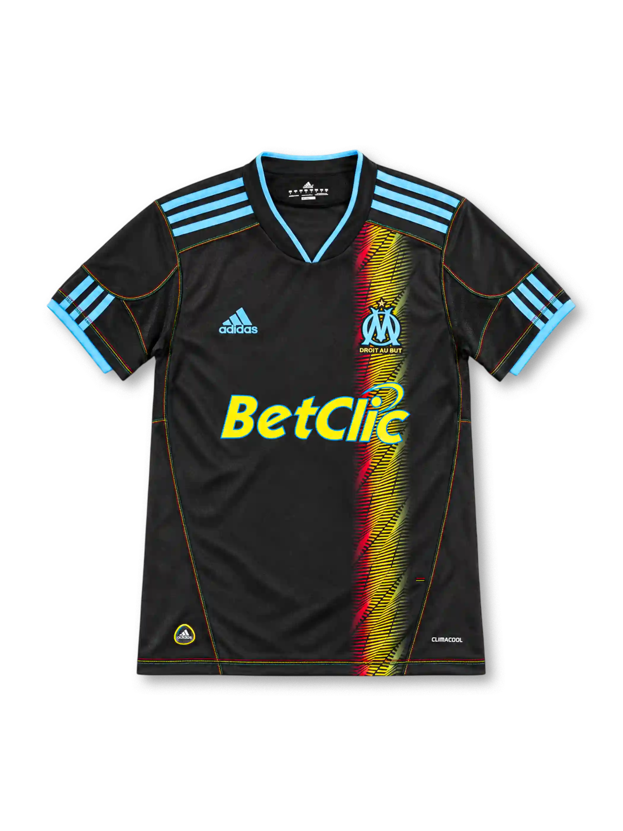 10/11 マルセイユ サード adidas製 赤・黄・緑のグラデーション帯とBetClicロゴが入った黒いレトロサッカーユニフォーム