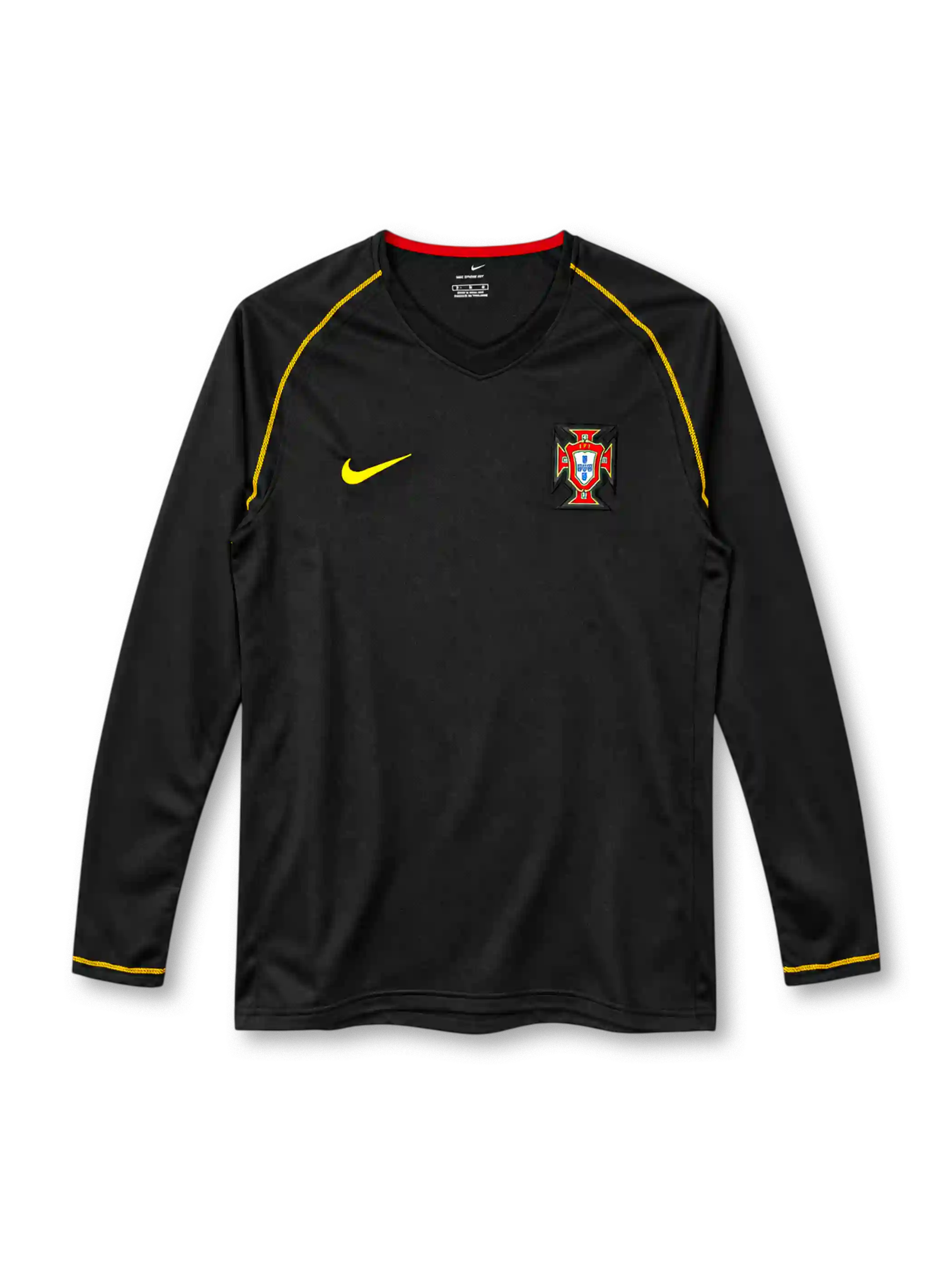 2006 ポルトガル代表 アウェイ 長袖 Nike製 金色のステッチと赤い襟裏が入った黒いレトロサッカーユニフォーム