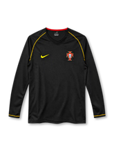 2006 ポルトガル代表 アウェイ 長袖 Nike製 金色のステッチと赤い襟裏が入った黒いレトロサッカーユニフォーム