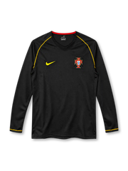 2006 ポルトガル代表 アウェイ 長袖 Nike製 金色のステッチと赤い襟裏が入った黒いレトロサッカーユニフォーム