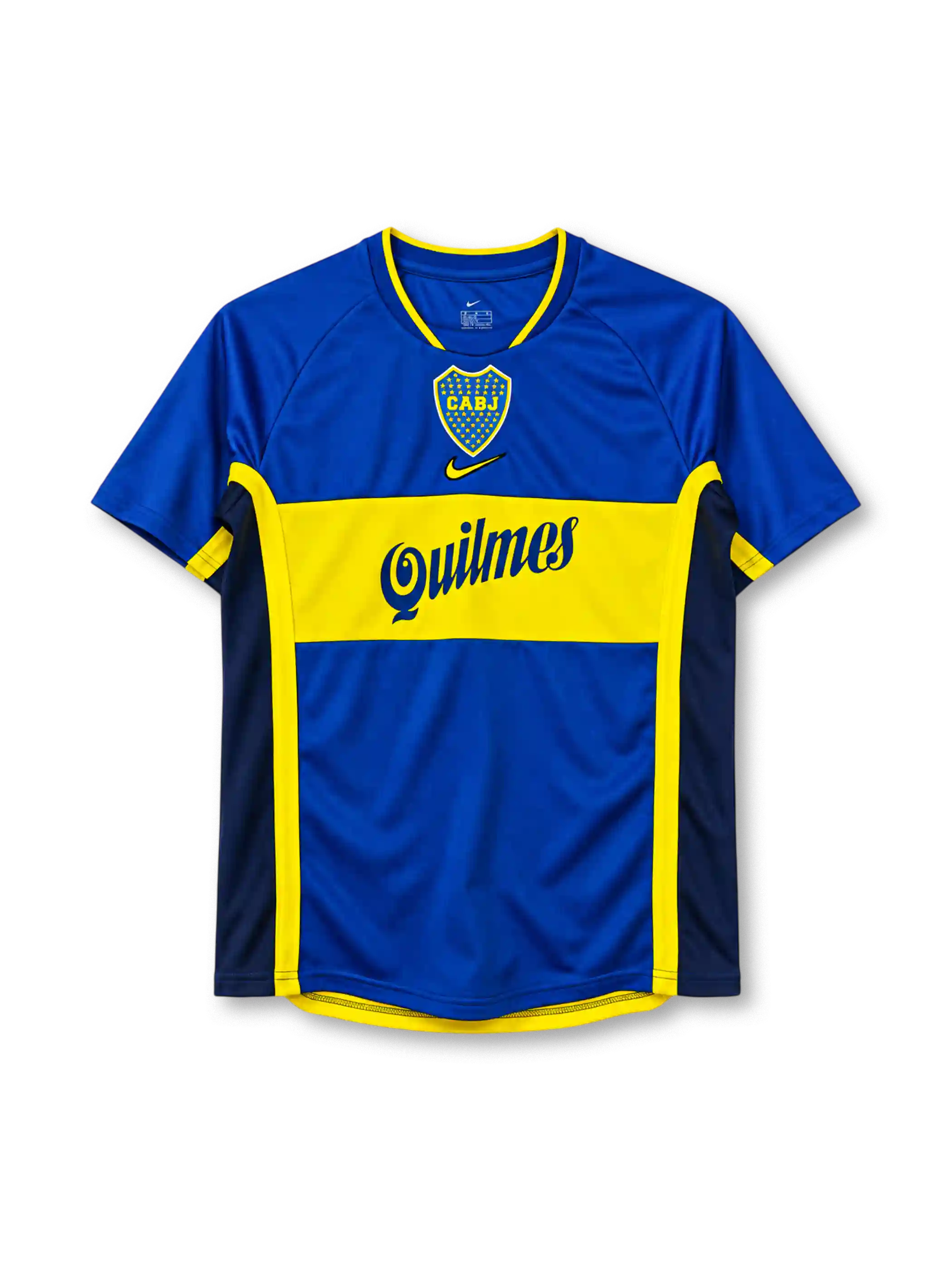 01/02 ボカ・ジュニアーズ ホーム Nike製 黄色の太い帯とQuilmesロゴが入ったロイヤルブルーのレトロサッカーユニフォーム