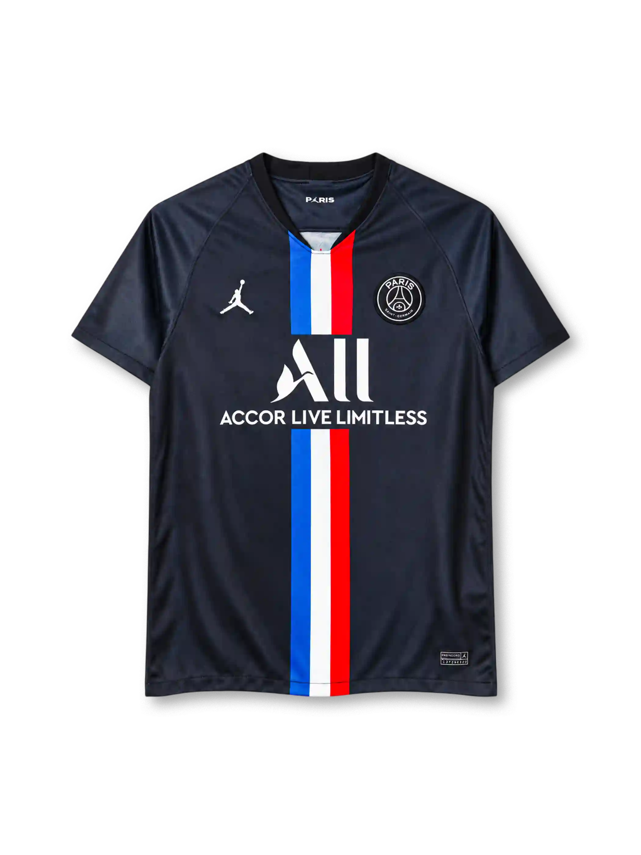 19/20 パリ・サンジェルマン フォース Jordan製 中央にフランス国旗のストライプが入った黒いレトロサッカーユニフォーム