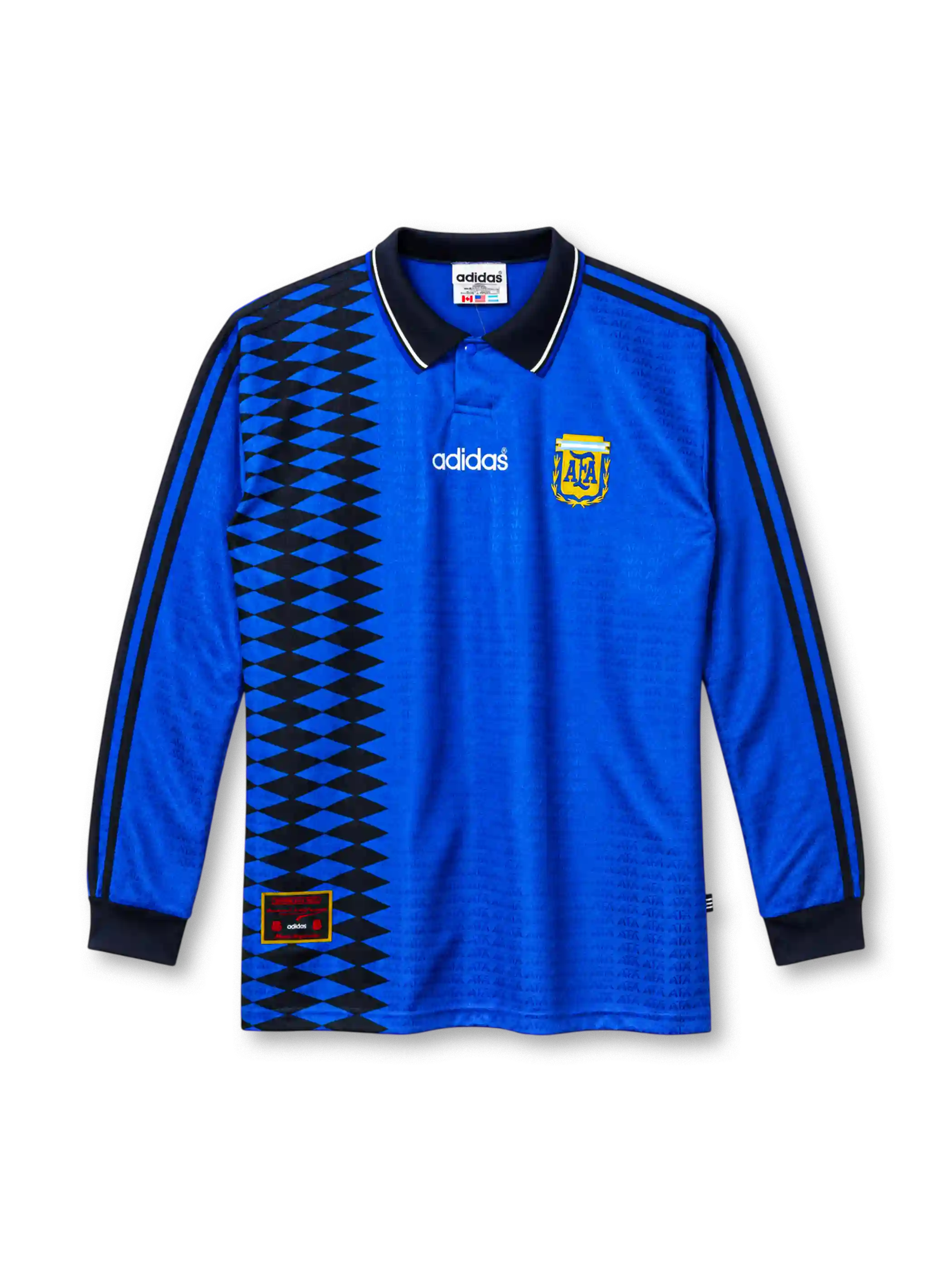 1994 アルゼンチン代表 アウェイ 長袖 adidas製 黒いダイヤ柄とAFAエンブレムが入った青いレトロサッカーユニフォーム