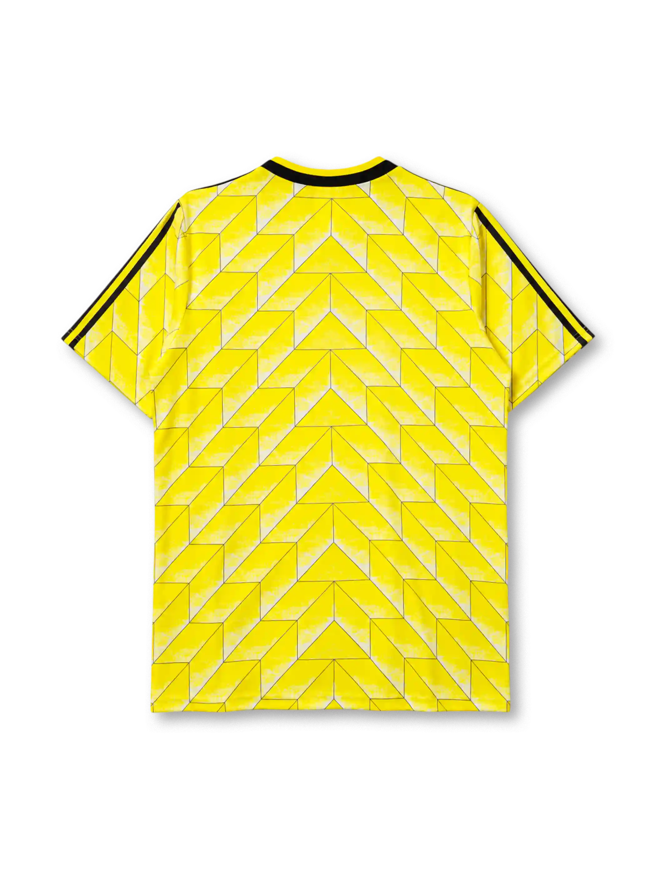 鮮やかなイエローの生地に白のシェブロン柄、黒地のVネック襟、左胸のadidasロゴ、右胸のBVB09クラブエンブレム、中央の黒いDie Continentaleスポンサーロゴを備えたボルシア・ドルトムント1988ホームジャージ正面