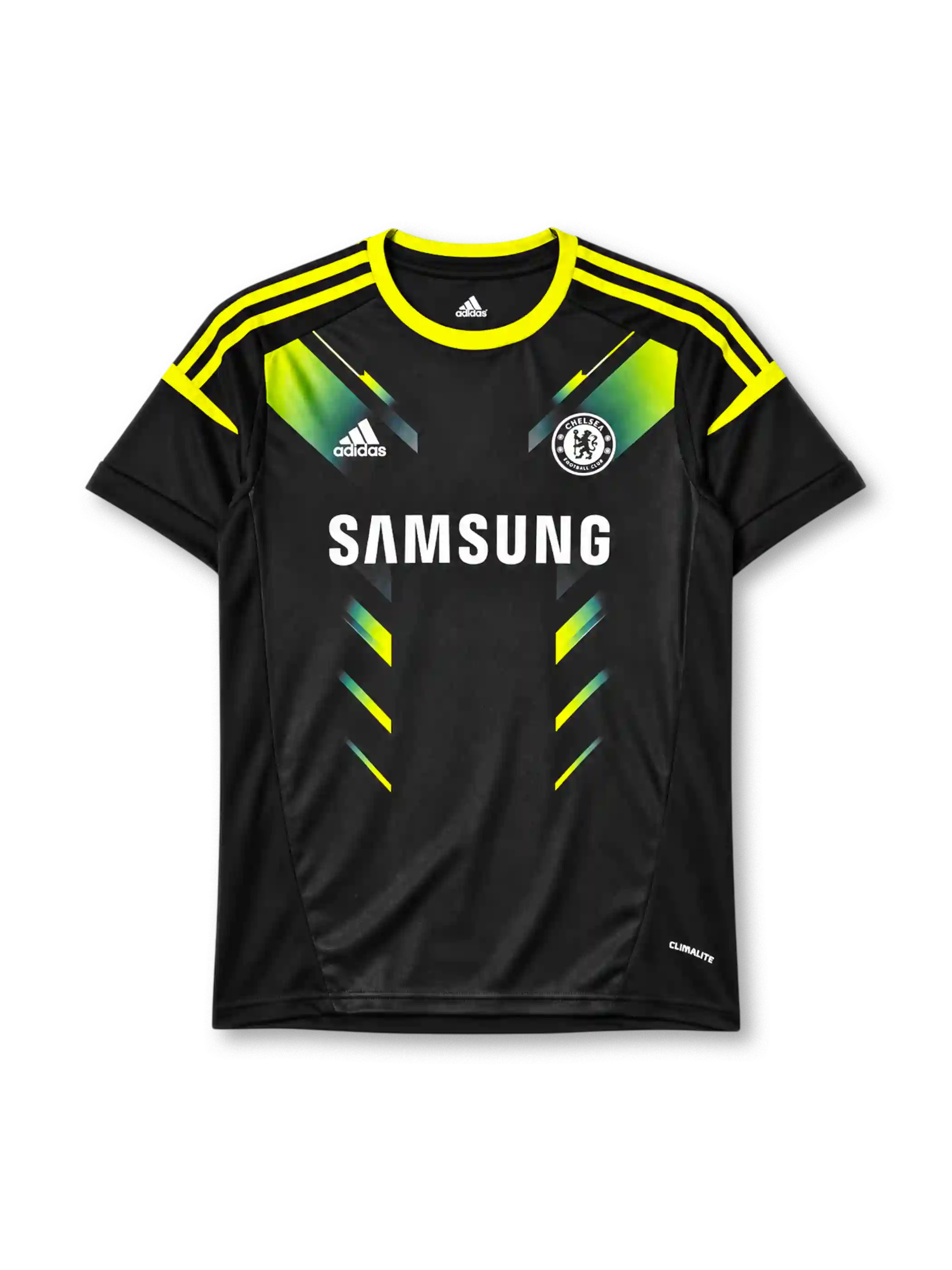 チェルシー 2012-13 サード ユニフォーム 黒の半袖にイエローの3本ラインとグラフィック SAMSUNGロゴ入り