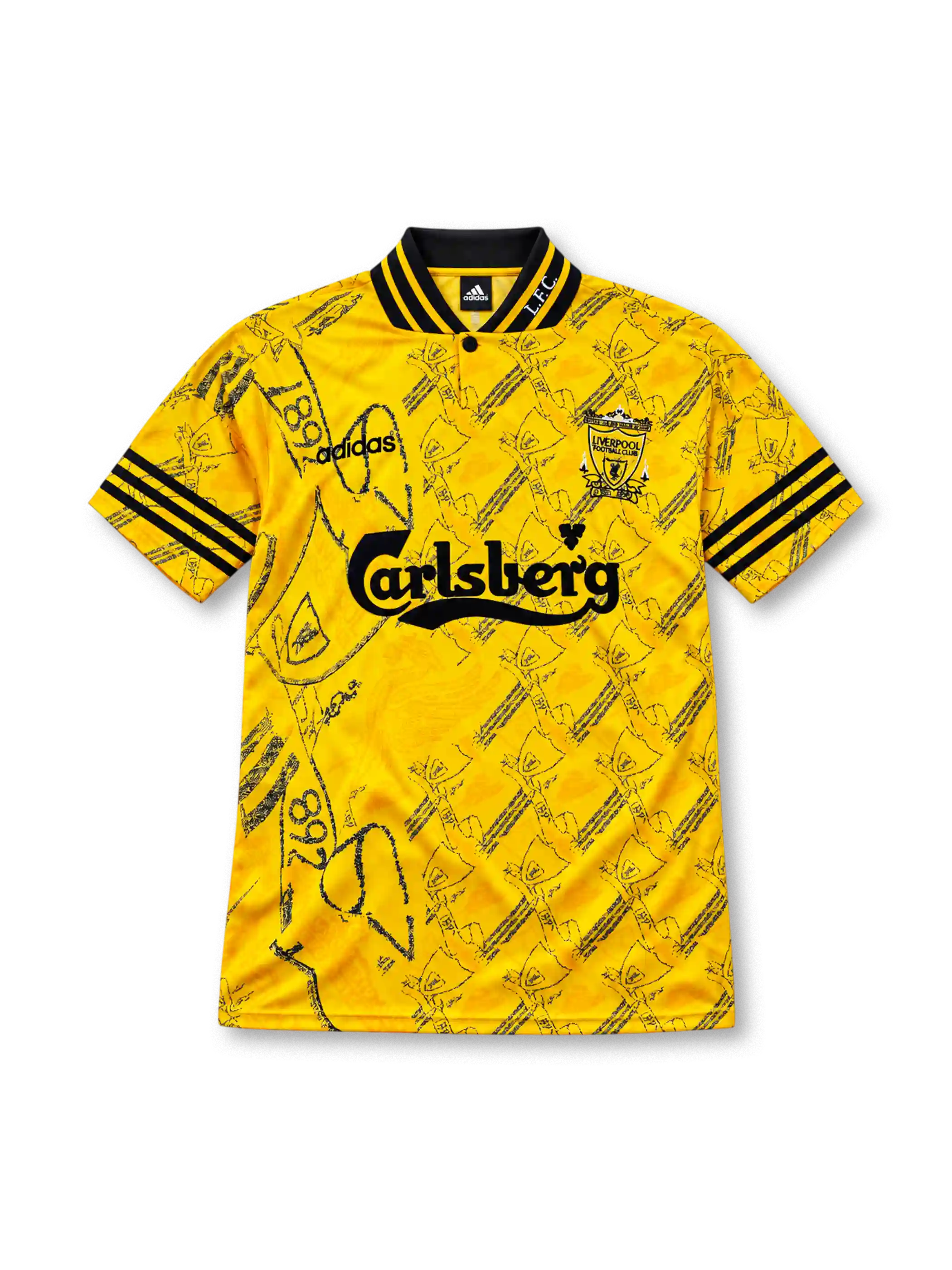 リヴァプール 1994-96 サード ユニフォーム 黄色の半袖にエンブレムと1892の柄 Carlsbergロゴ入り