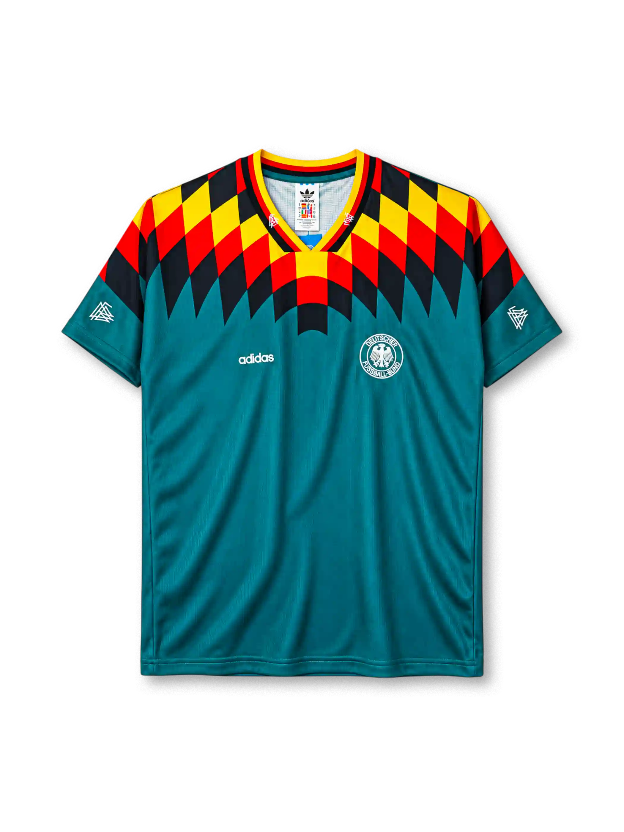 ドイツ代表 1994 アウェイ ユニフォーム グリーンの半袖に国旗カラーの菱形柄 DFBエンブレム入り