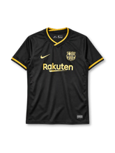 FCバルセロナ 2020-21 アウェイ ユニフォーム 黒の半袖に金のVネック 金のエンブレムとRakutenロゴ入り