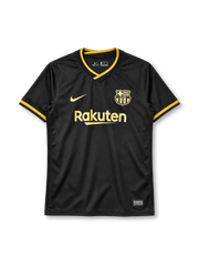 FCバルセロナ 2020-21 アウェイ ユニフォーム 黒の半袖に金のVネック 金のエンブレムとRakutenロゴ入り