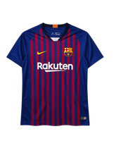 FCバルセロナ 2018-19 ホーム ユニフォーム 青とえんじの細い縦縞 無地の青の袖とRakutenロゴ入り