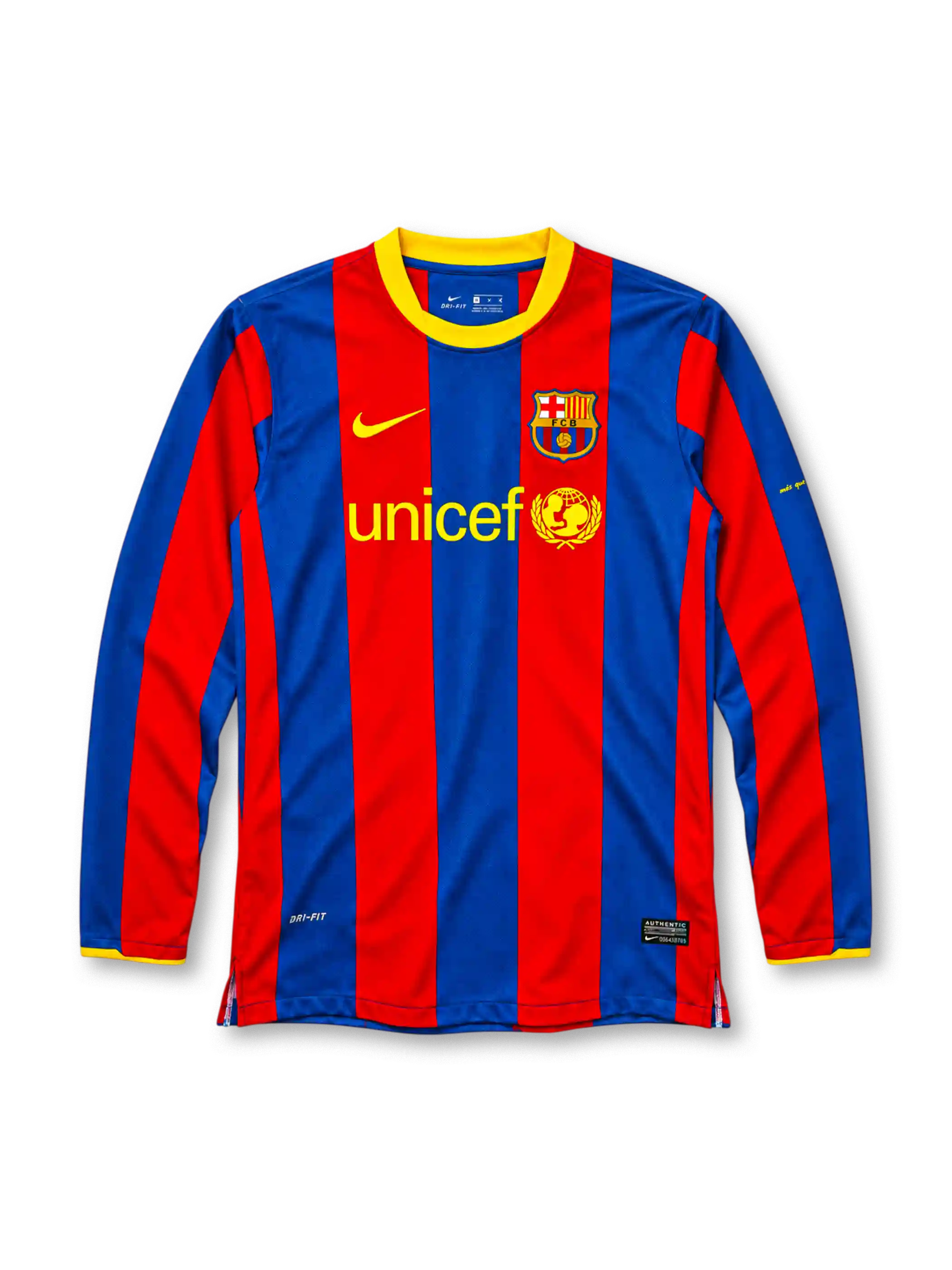 FCバルセロナ 2010/11 ホームユニフォーム 長袖 ブラウグラナストライプ 黄色襟 ナイキ製 unicefロゴ