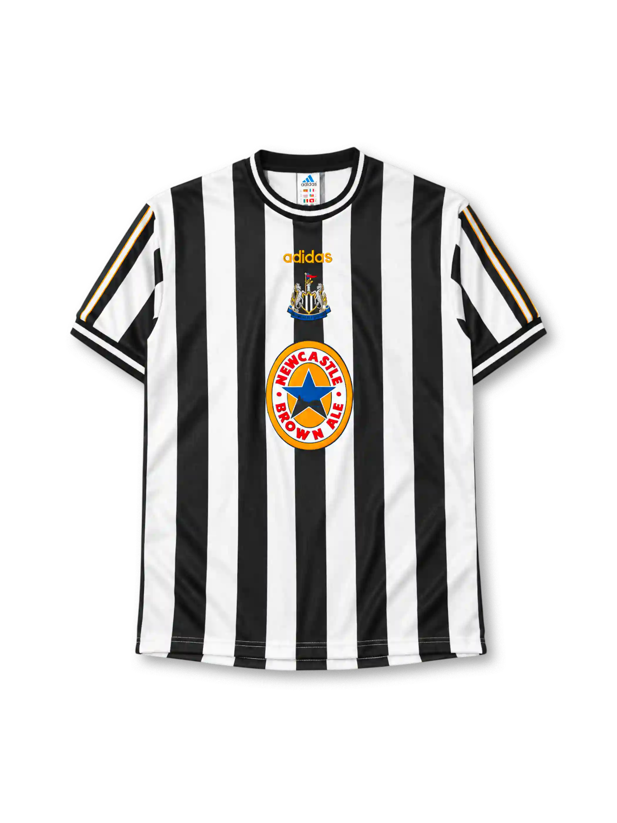 ニューカッスル・ユナイテッド 1997-99 ホーム ユニフォーム 白黒ストライプ 中央のエンブレムとNewcastle Brown Aleロゴ入り