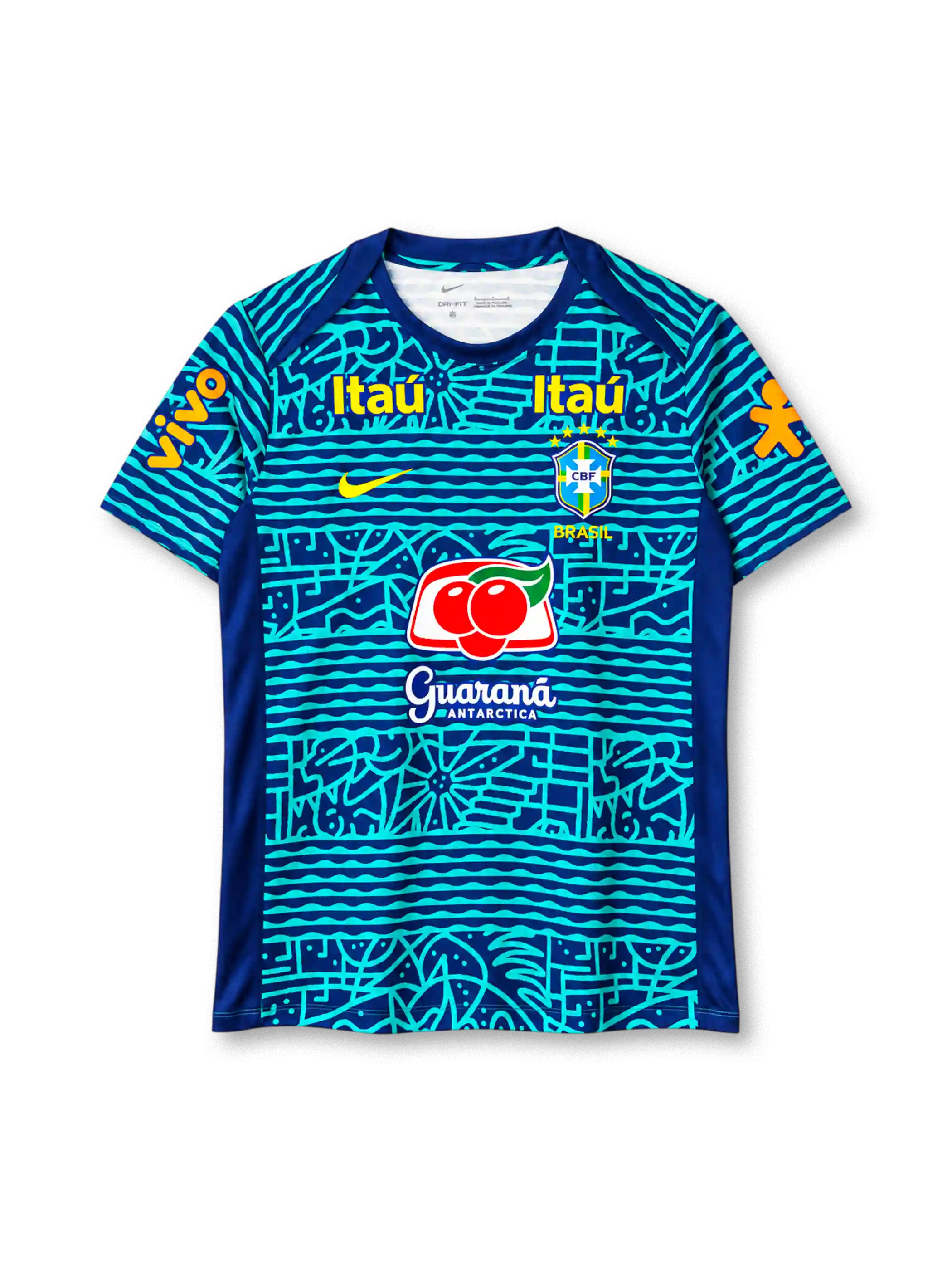 ブラジル代表 2024年 プレマッチトレーニングシャツ(Nike製、ターコイズ×ネイビー、Itaúスポンサー)