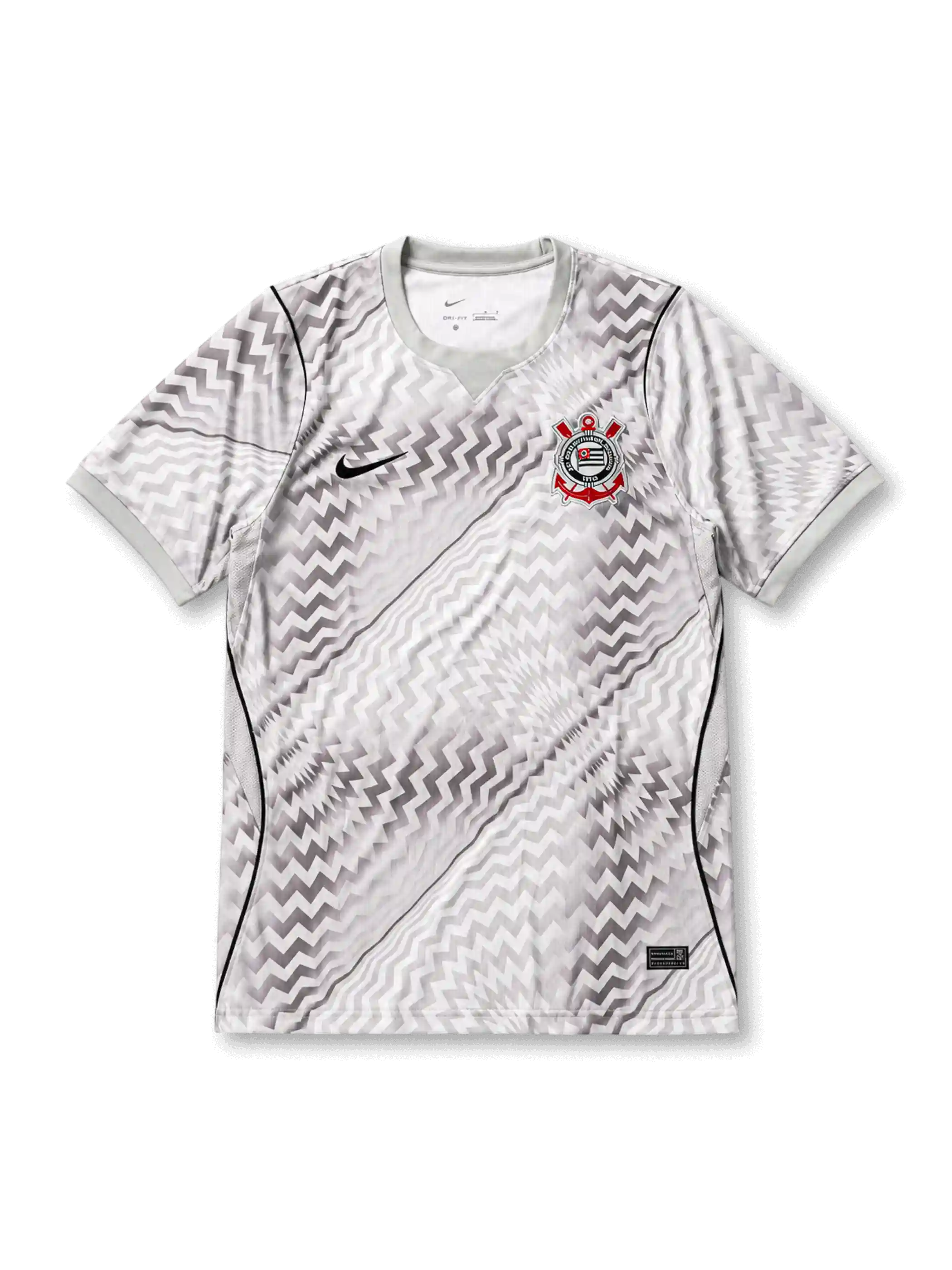 ホワイトベースに灰色のジグザグ柄、白灰色のクルーネック襟、左胸のNikeロゴ、S.C. CORINTHIANS PAULISTA 1910と記された円形クラブエンブレムを備えたコリンチャンス2026-27トレーニングジャージ正面