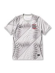 ホワイトベースに灰色のジグザグ柄、白灰色のクルーネック襟、左胸のNikeロゴ、S.C. CORINTHIANS PAULISTA 1910と記された円形クラブエンブレムを備えたコリンチャンス2026-27トレーニングジャージ正面