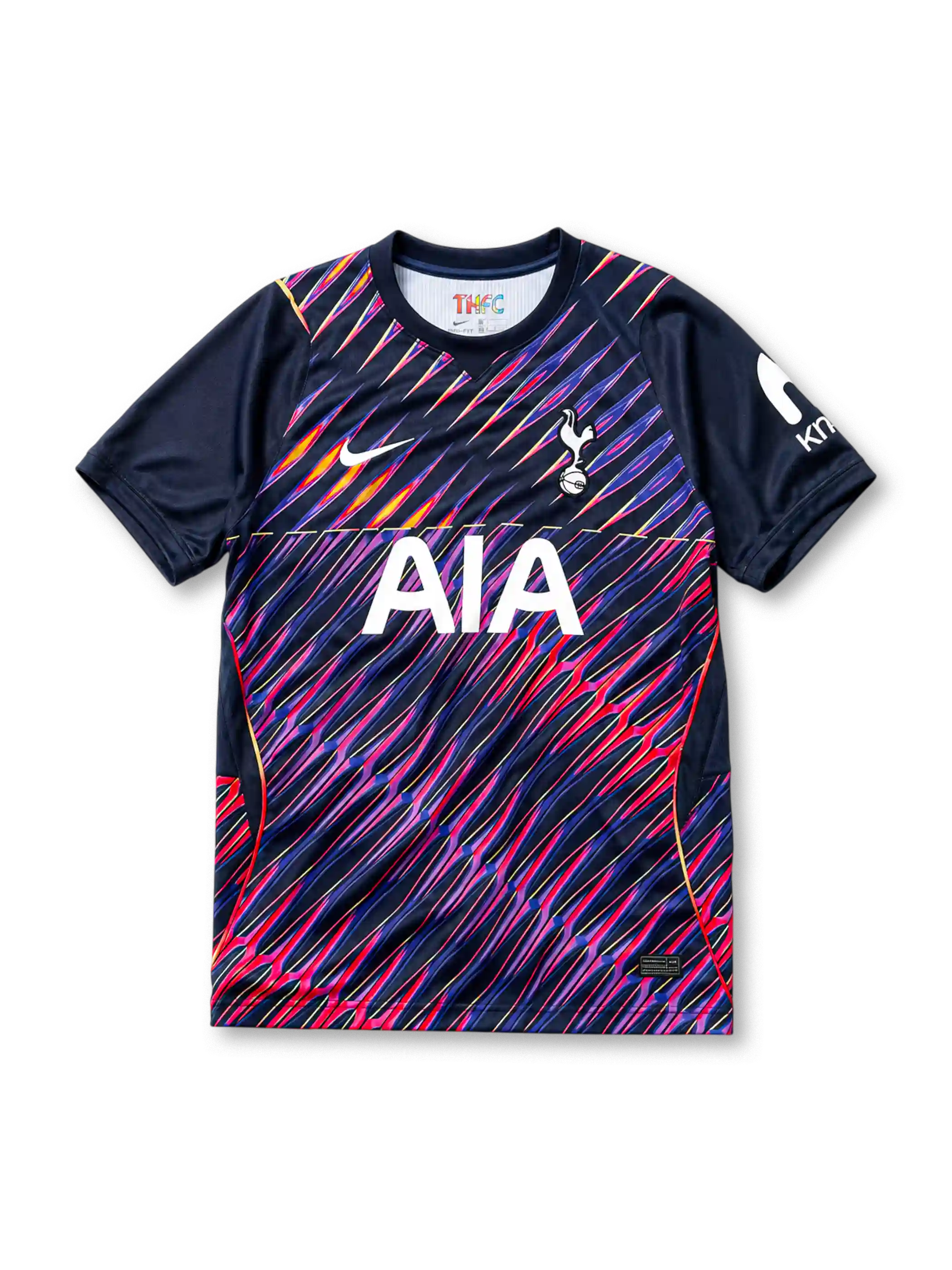漆黒地にピンク・パープル・オレンジのネオンカラーが斜めに走る近未来的なグラフィック、白いNikeスウッシュとクラブエンブレム、AIAのスポンサーロゴを備えたトッテナム・ホットスパーFC2026-27アウェイシャツ正面