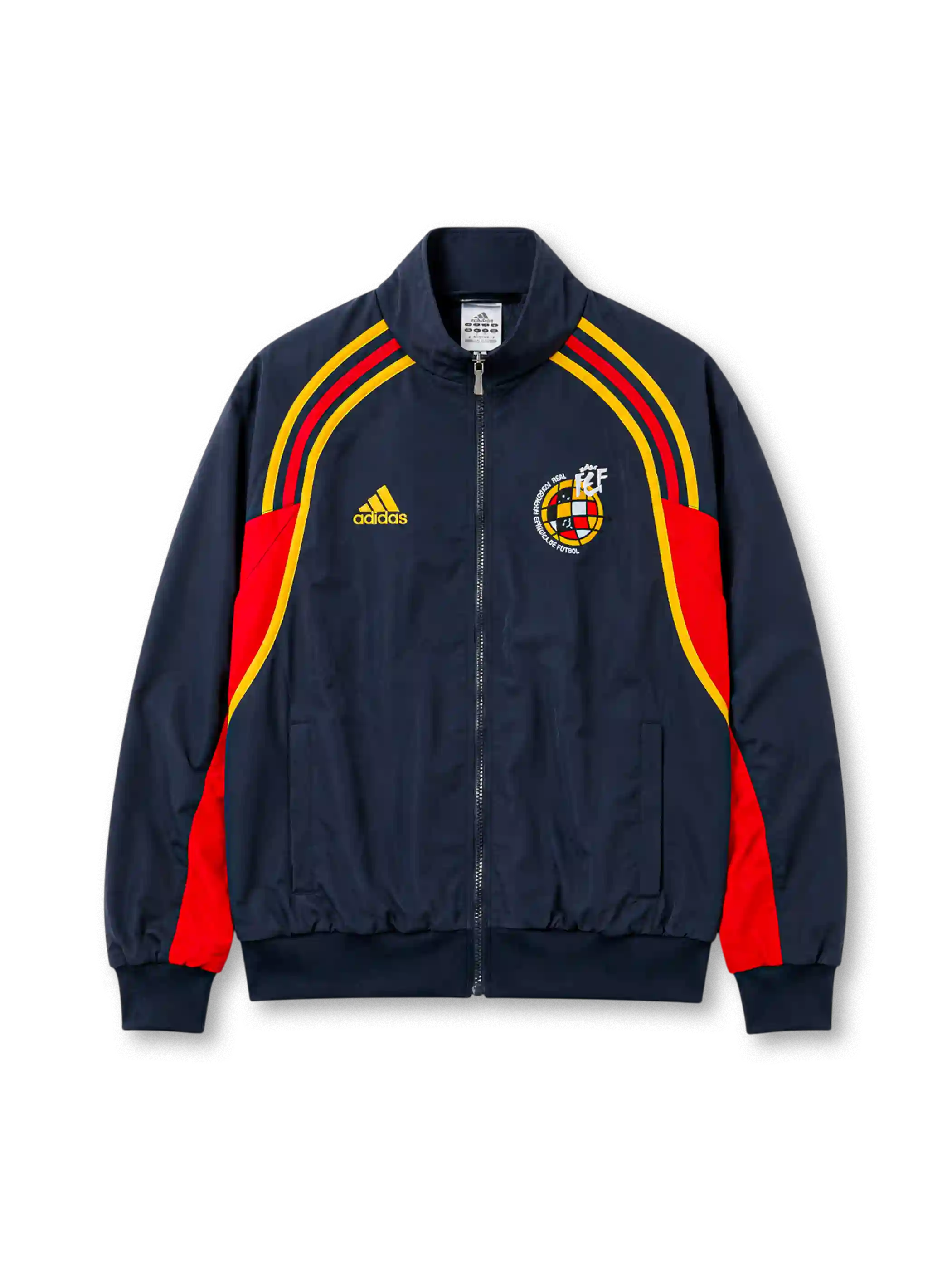 ネイビー地に赤と黄のテープが肩から弧を描くデザイン、黄色いadidasロゴ、マスコットとタータン柄の球体を組み合わせたRFEFエンブレムを備えたスペイン代表2002レトロトラックジャケット正面