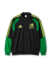 黒地に鮮やかなグリーンのショルダーパネル、ネオングリーンのadidas3本ライン、鷲のシルエットと「MEXICO」の文字を配したクラブエンブレムを備えたメキシコ代表2026年W杯トレーニングジャケット正面