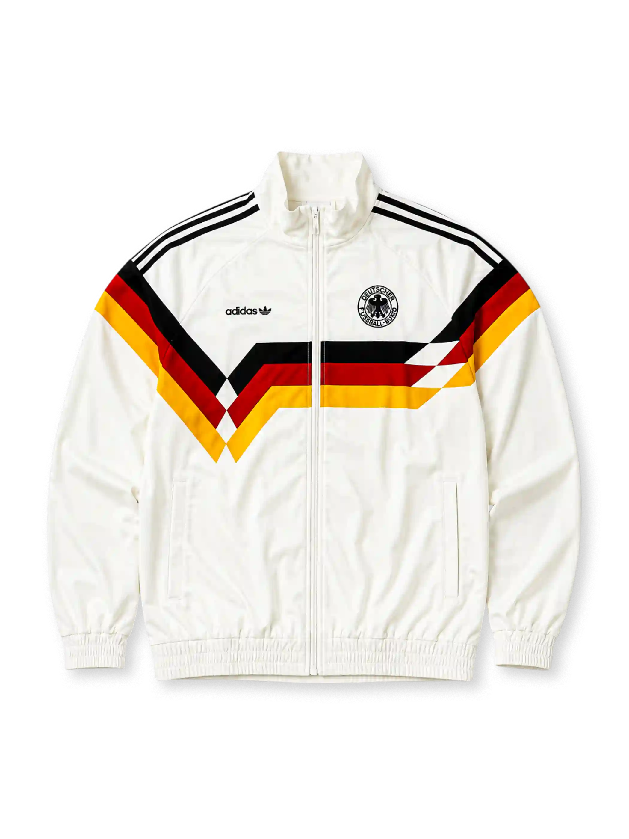 白地に黒・赤・金の鋭いシェブロン柄、黒いadidasトレフォイルロゴ、鷲を配したDFBエンブレムを備えたドイツ代表1990レトロトラックジャケット正面