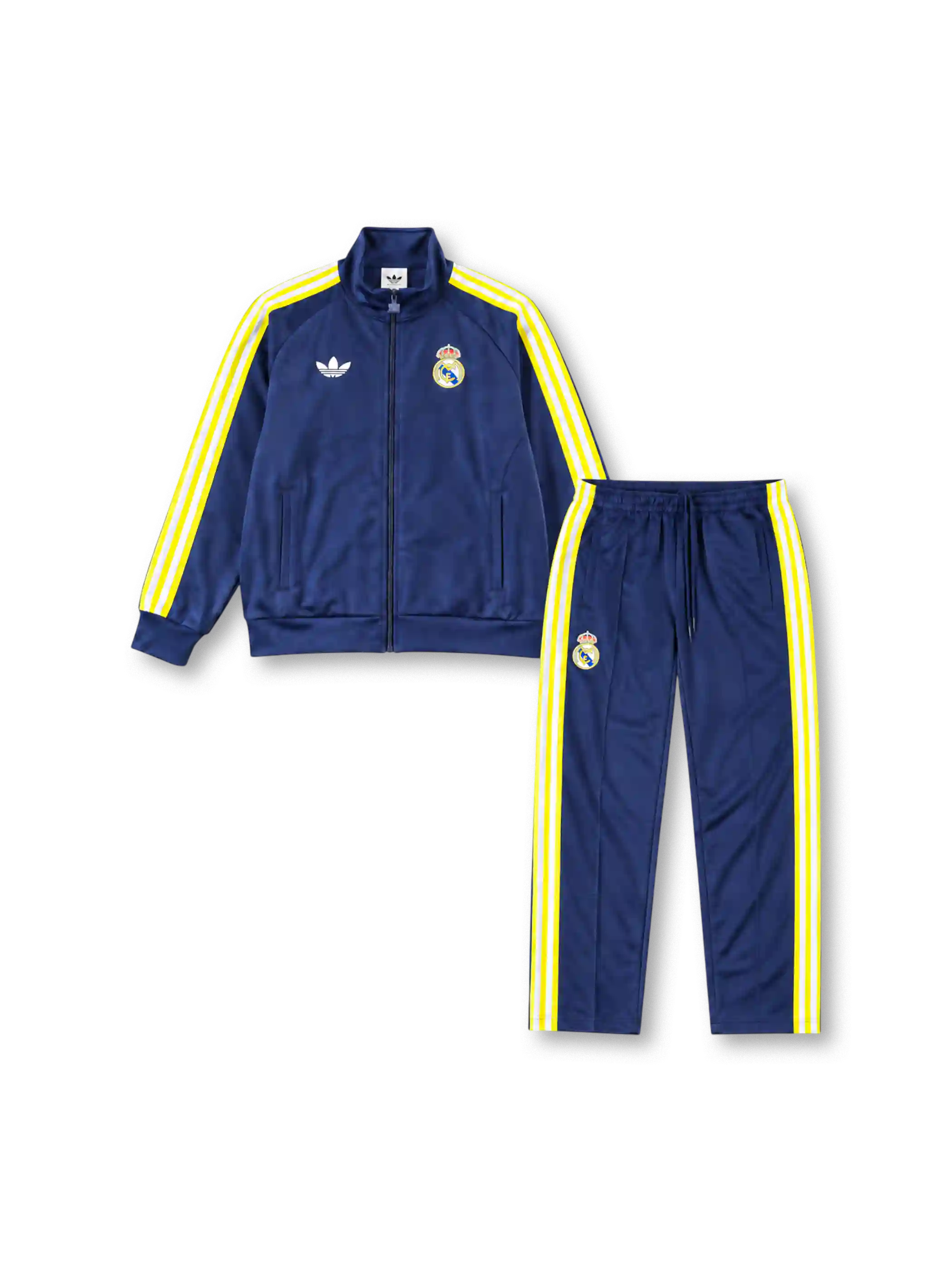 レアル・マドリード 2026年 オリジナルスレトロトラックジャケット&パンツセット(adidas Originals製、紺地、黄色スリーストライプ)