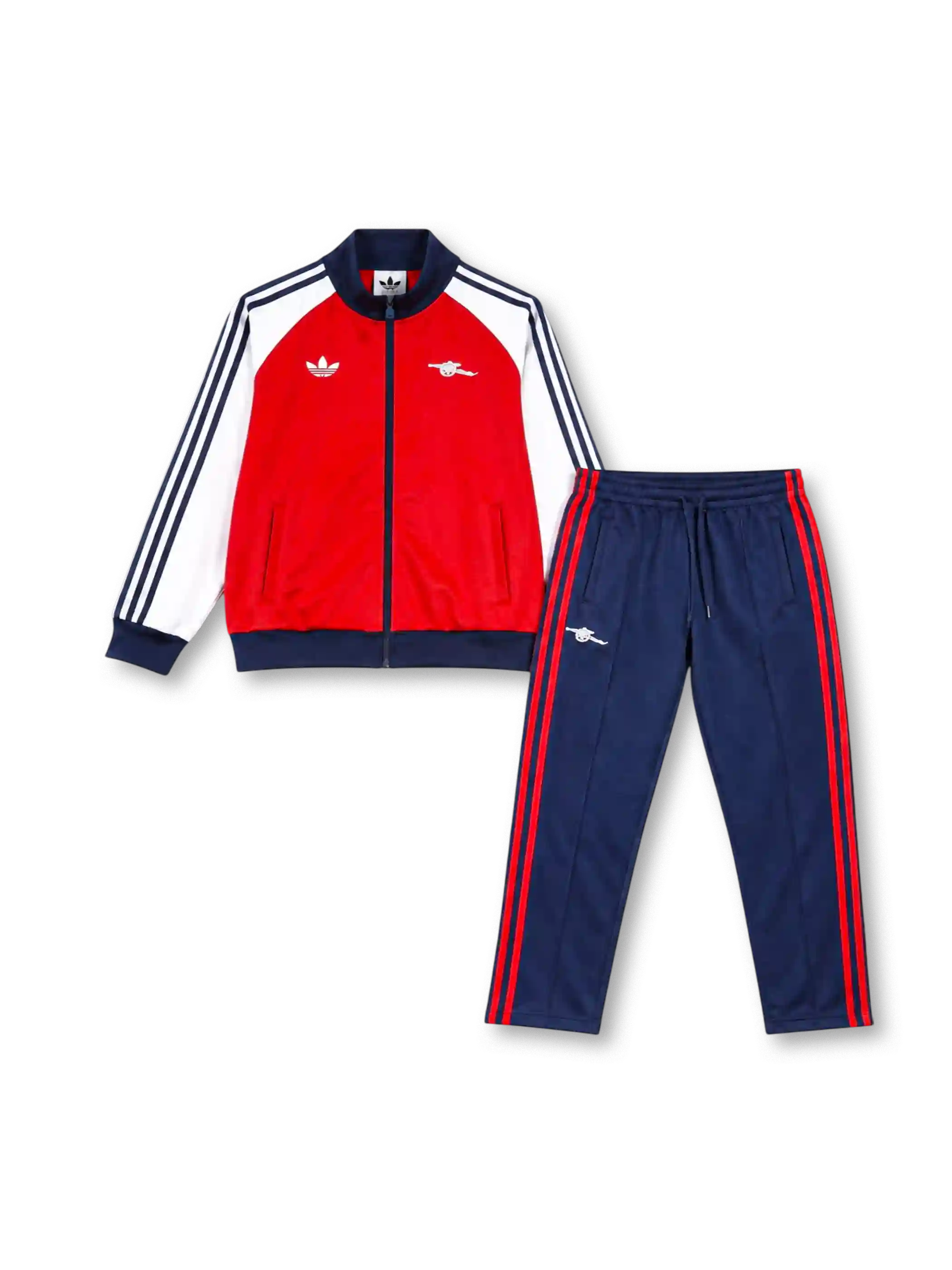 アーセナル 2026年 オリジナルスレトロトラックジャケット&パンツセット(adidas Originals製、赤白ジャケット、紺赤パンツ)