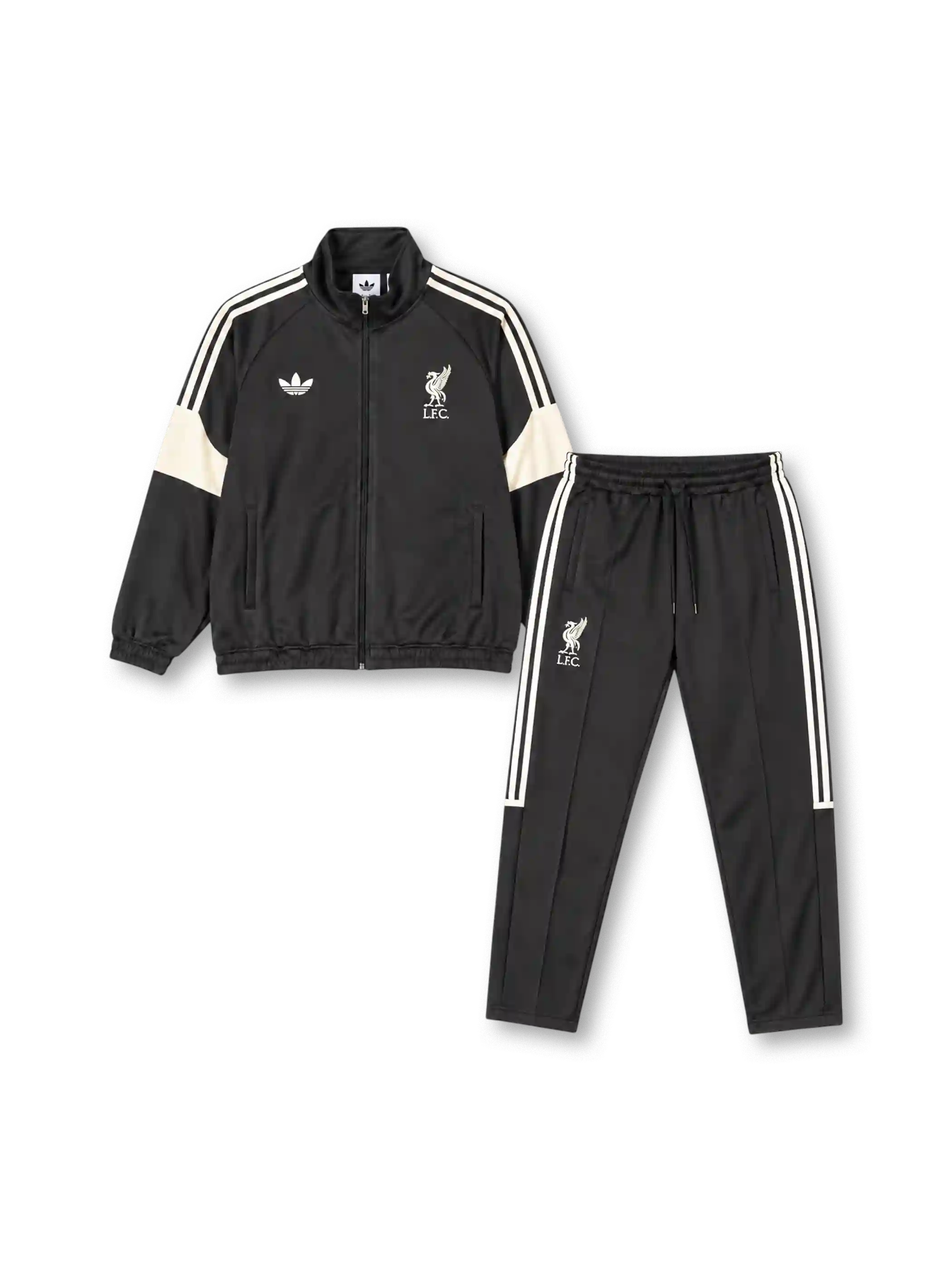 リバプール 2026年 オリジナルスレトロトラックジャケット&パンツセット(adidas Originals製、黒地、クリーム色スリーストライプ)