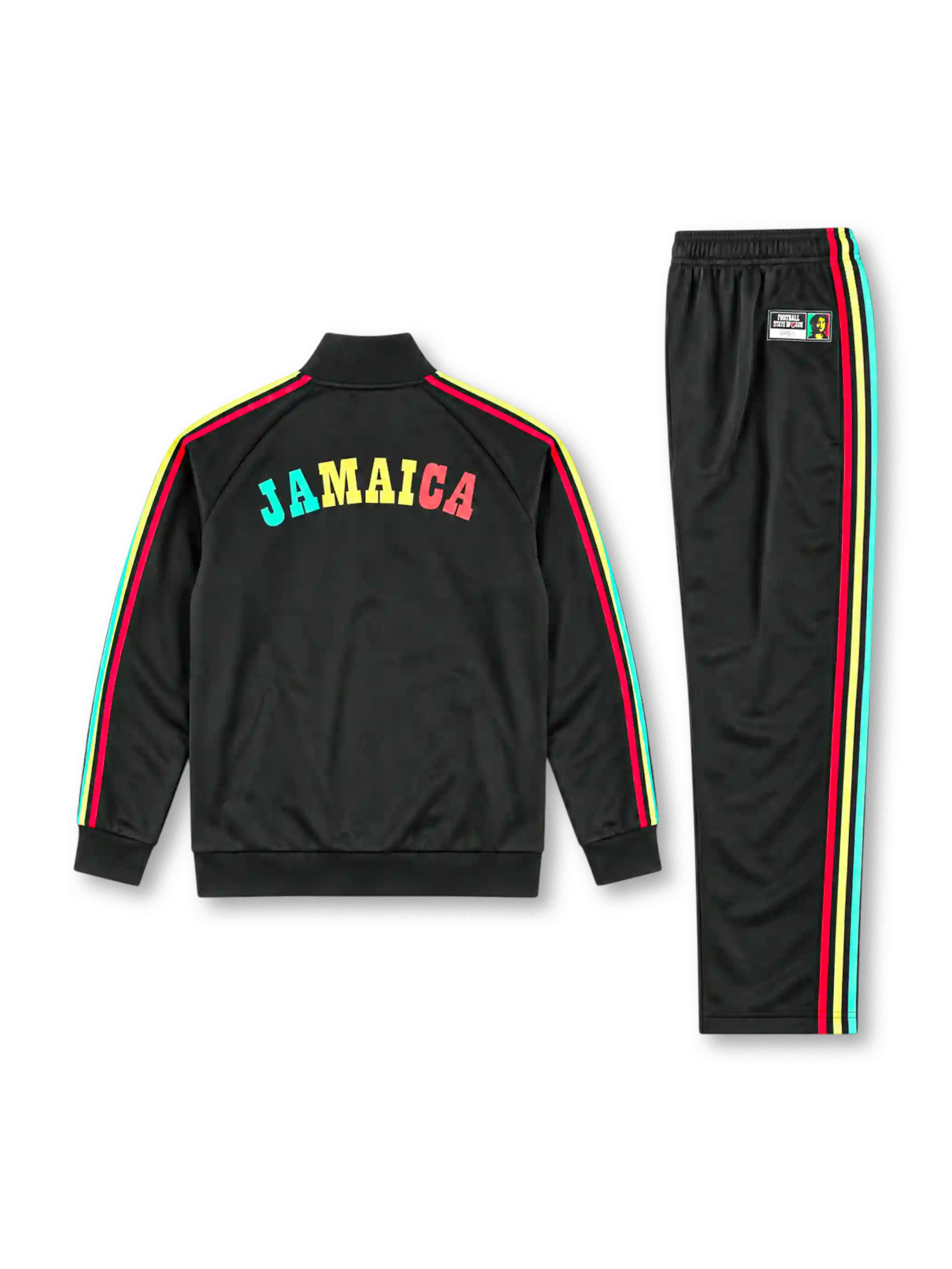 ジャマイカ代表×ボブ・マーリー トラックスーツ ブラックにターコイズ・イエロー・レッドのラインが入ったジャケット&パンツ 正面