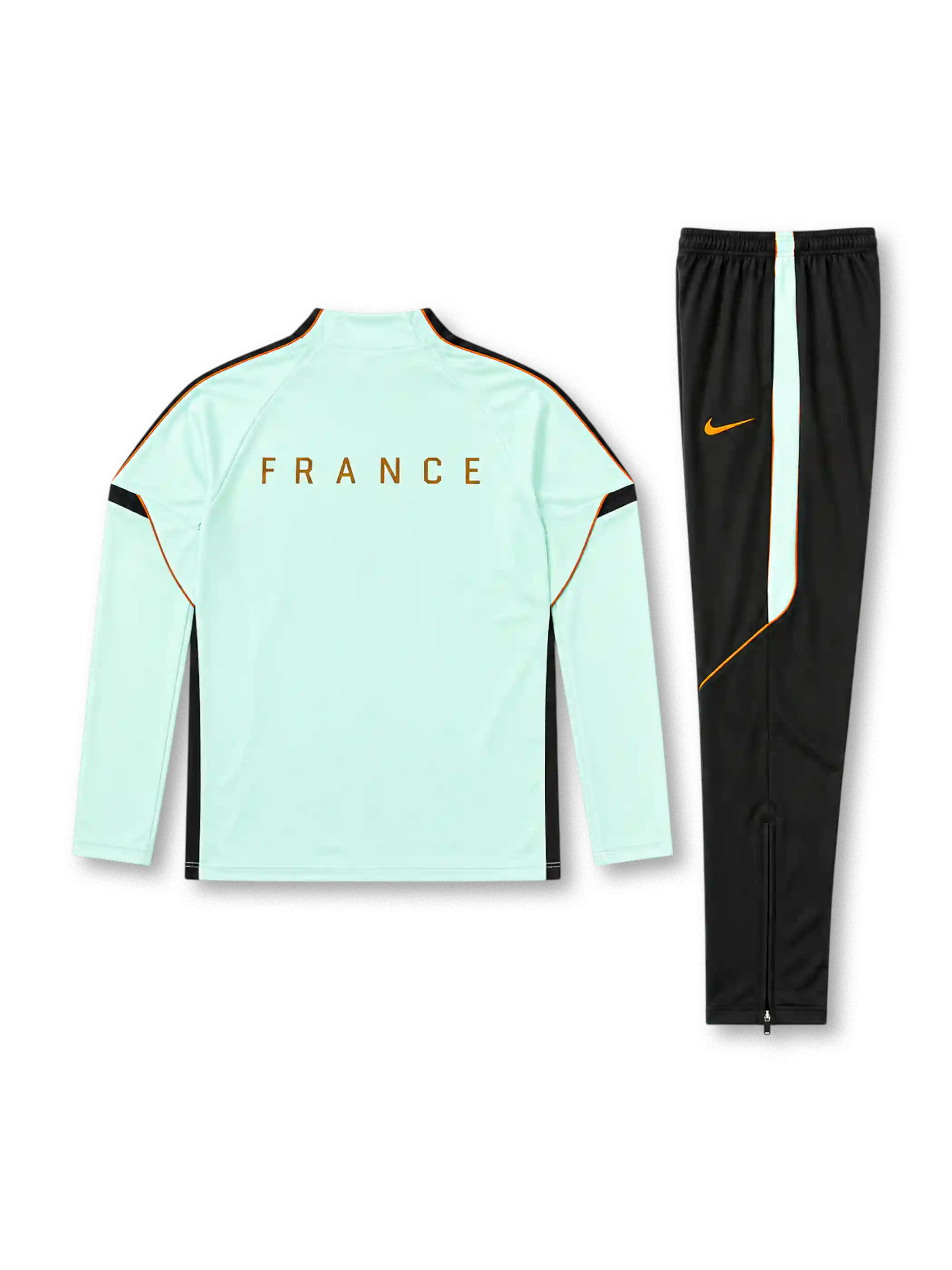 フランス代表 2026-27 ミントグリーン 長袖ハーフジップ トレーニングトップと黒パンツの上下セット 銅色の2つ星雄鶏エンブレム入り