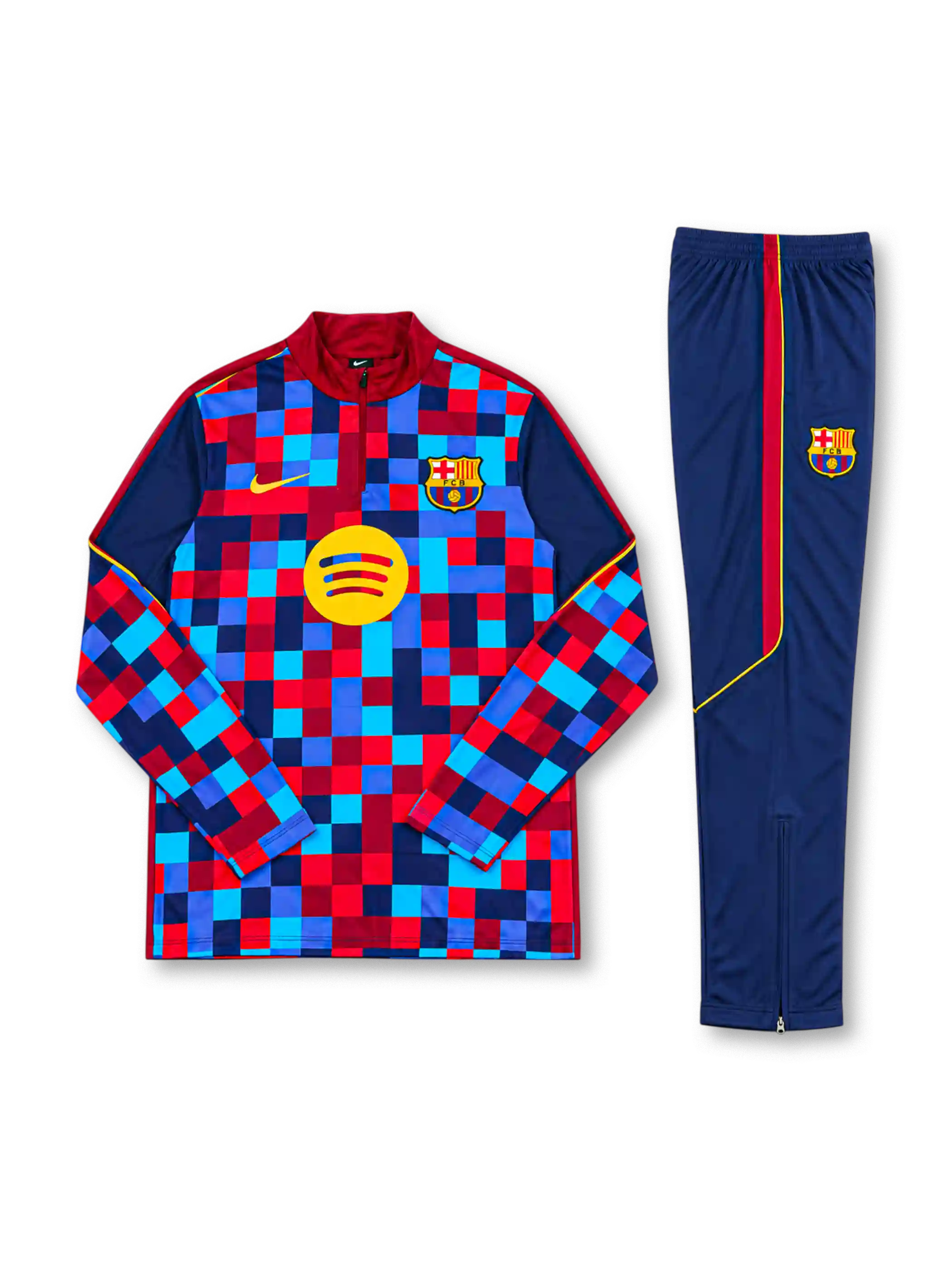 FCバルセロナ 2026-27 レッド×ブルー 長袖ハーフジップ トレーニングトップと紺パンツの上下セット ピクセル柄とSpotifyロゴ入り