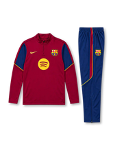 FCバルセロナ 2026-27 レッド 長袖ハーフジップ トレーニングトップと紺パンツの上下セット イエローのSpotifyロゴとクラブエンブレム入り