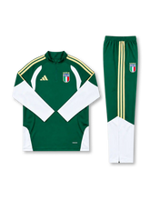 イタリア代表 2026-27 グリーン 長袖ハーフジップ トレーニングトップとパンツの上下セット ゴールドの3本ラインと4つ星エンブレム入り