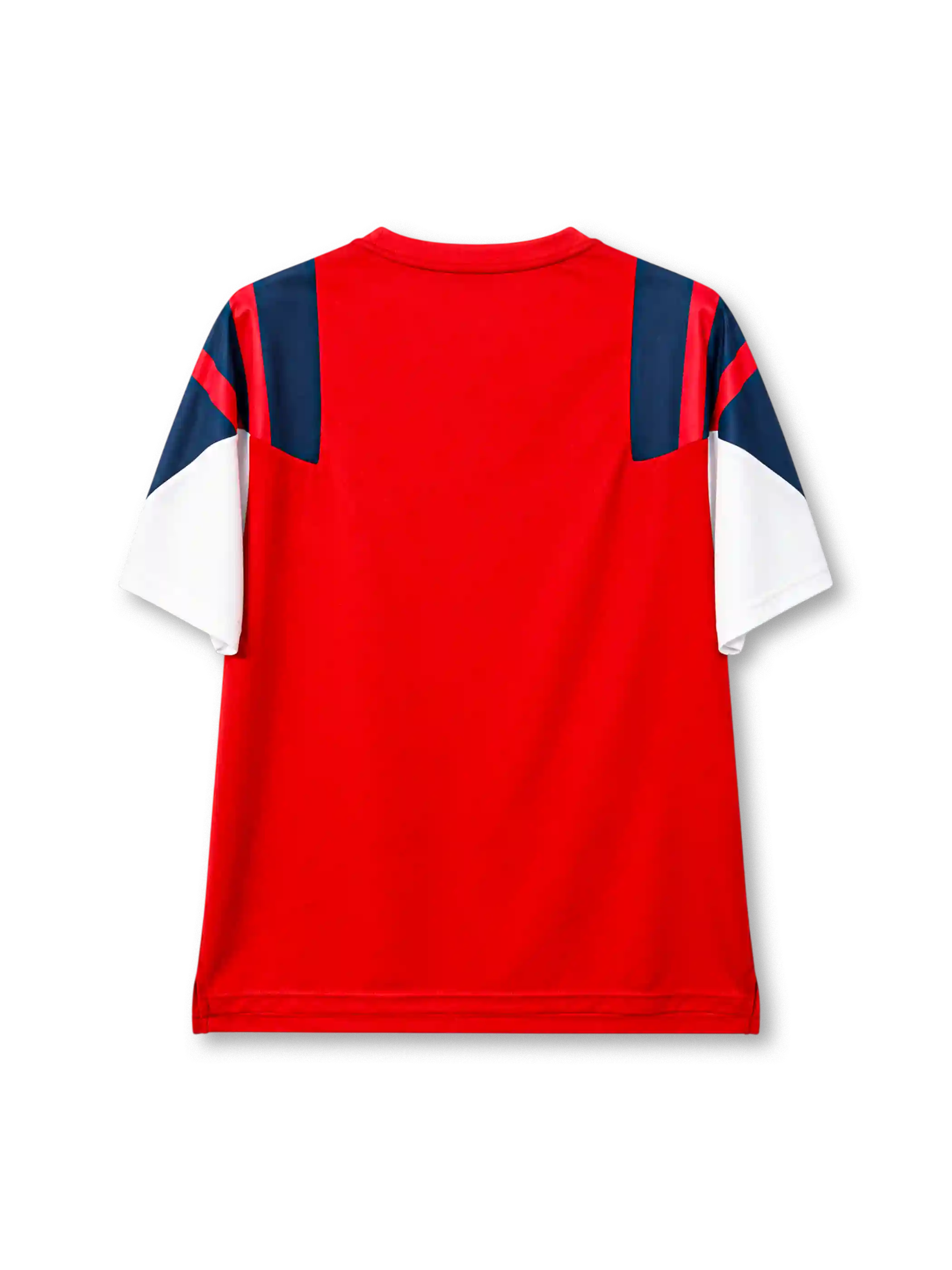 アーセナル 2026-27 EQT Tシャツ 赤に紺のショルダーパネルと白の袖 90年代エンブレム入り