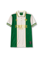 レアル・ベティス レトロ ストリートスタイル ユニフォーム クリーム色と緑の装飾柄パネル 金のFOREVER GREENの文字入り