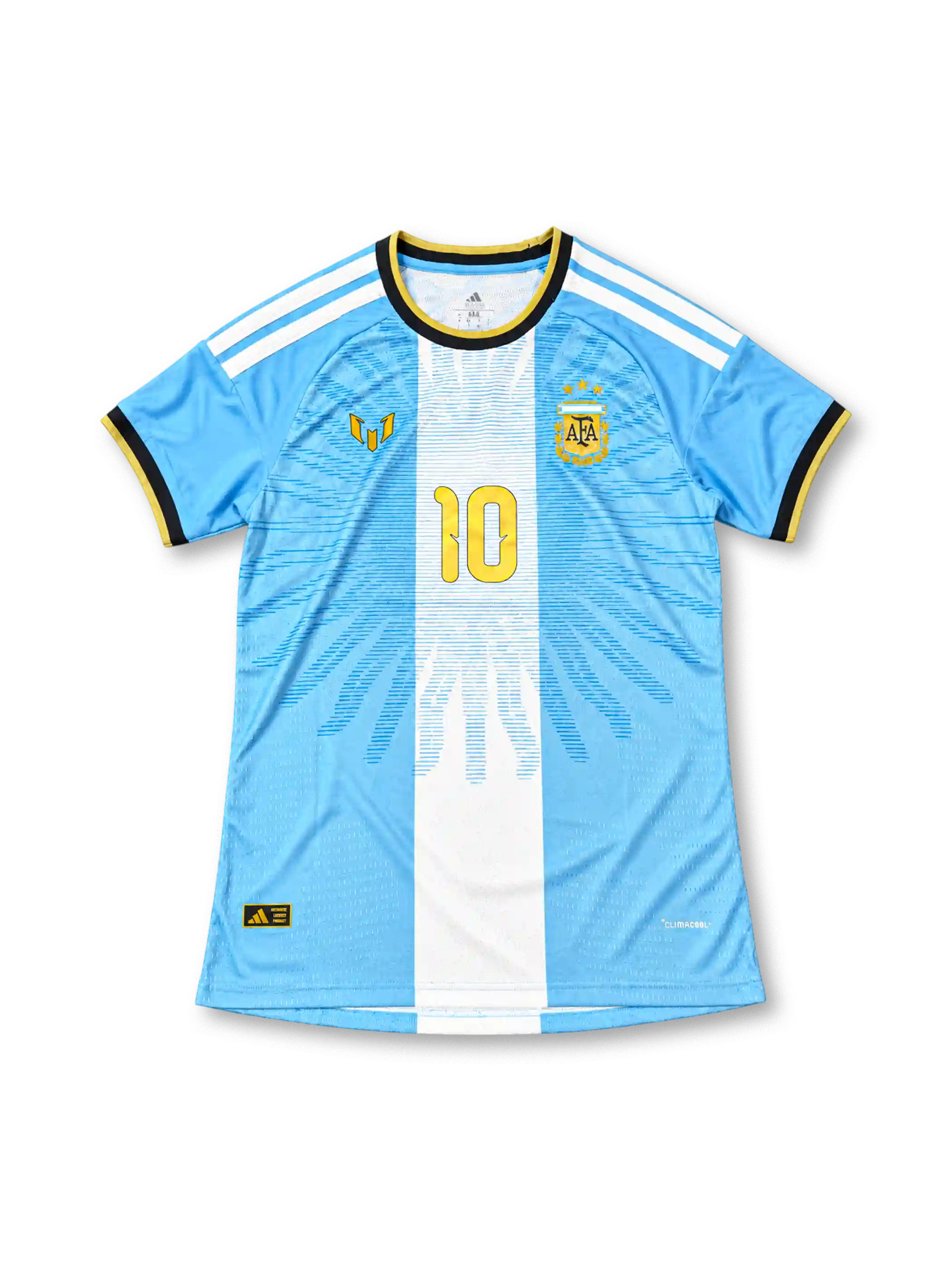 アルゼンチン代表 2026 メッシ 引退記念ユニフォーム 選手用 水色 白のセンターバンド 5月の太陽 金色のMロゴ 10番 アディダス製